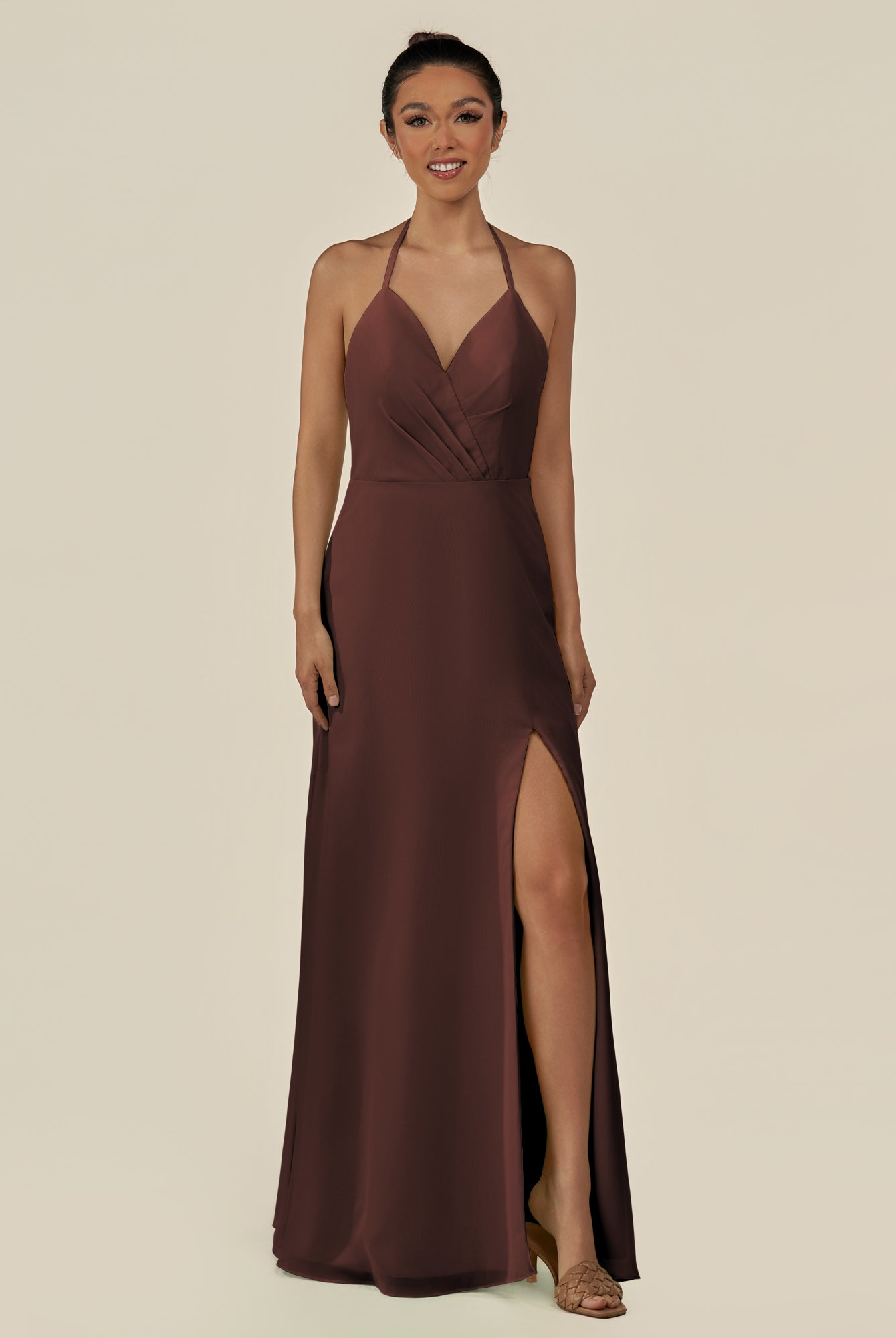 KissDress-Caris Espresso A Line Chiffon Halter Neck Pleated Long Bridesmaid Dress with Slit