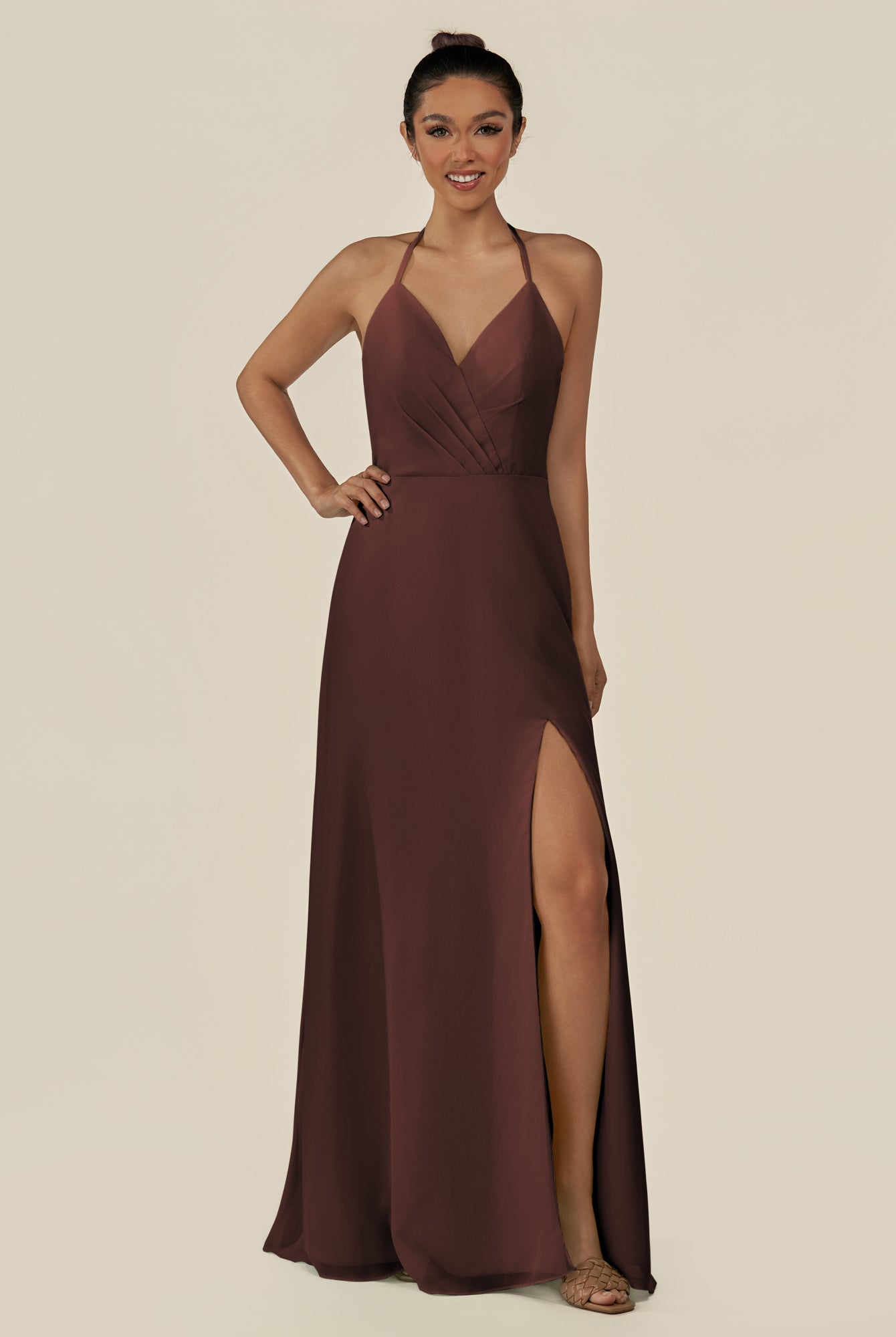 KissDress-Caris Espresso A Line Chiffon Halter Neck Pleated Long Bridesmaid Dress with Slit