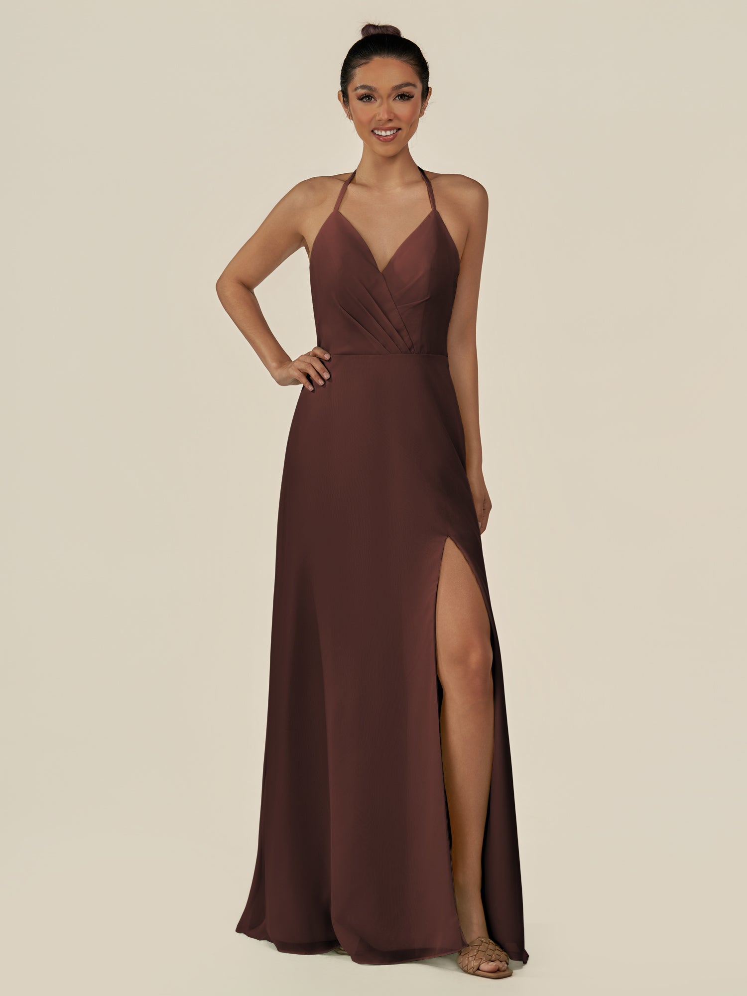 KissDress-Caris Espresso A Line Chiffon Halter Neck Pleated Long Bridesmaid Dress with Slit