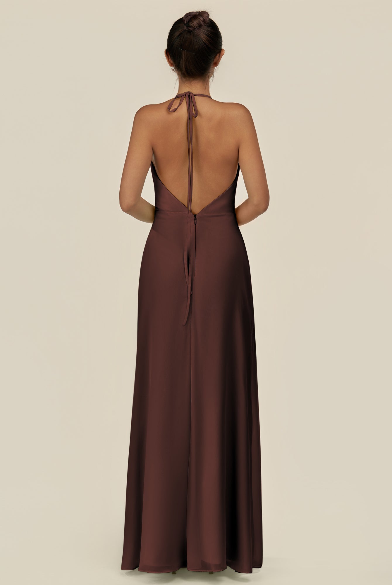 KissDress-Caris Espresso A Line Chiffon Halter Neck Pleated Long Bridesmaid Dress with Slit
