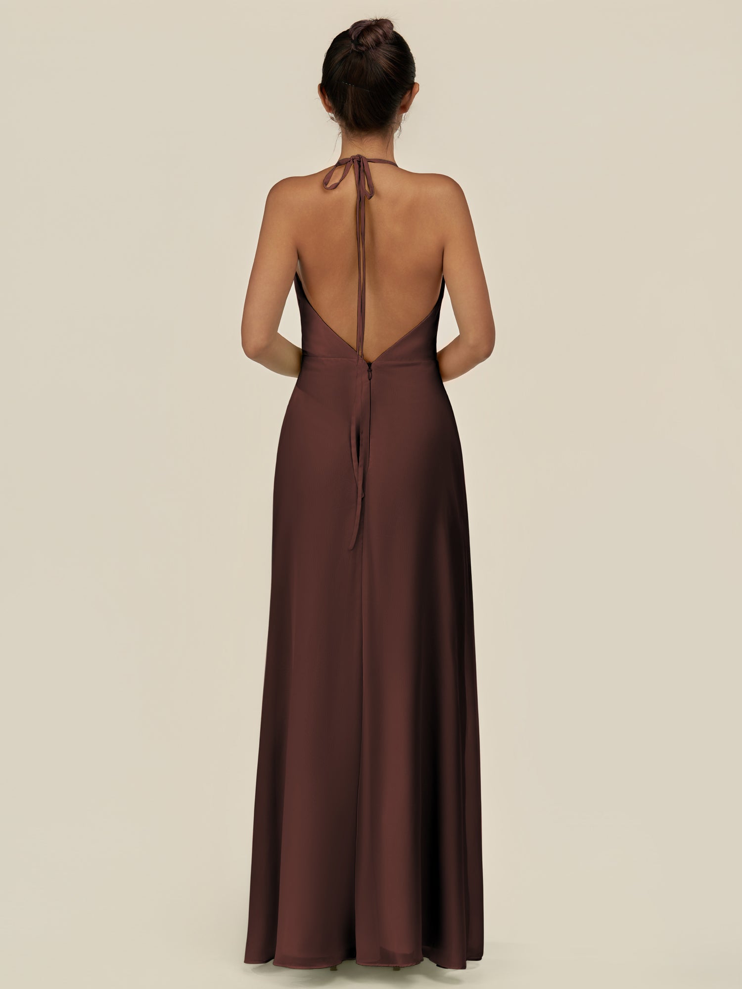KissDress-Caris Espresso A Line Chiffon Halter Neck Pleated Long Bridesmaid Dress with Slit