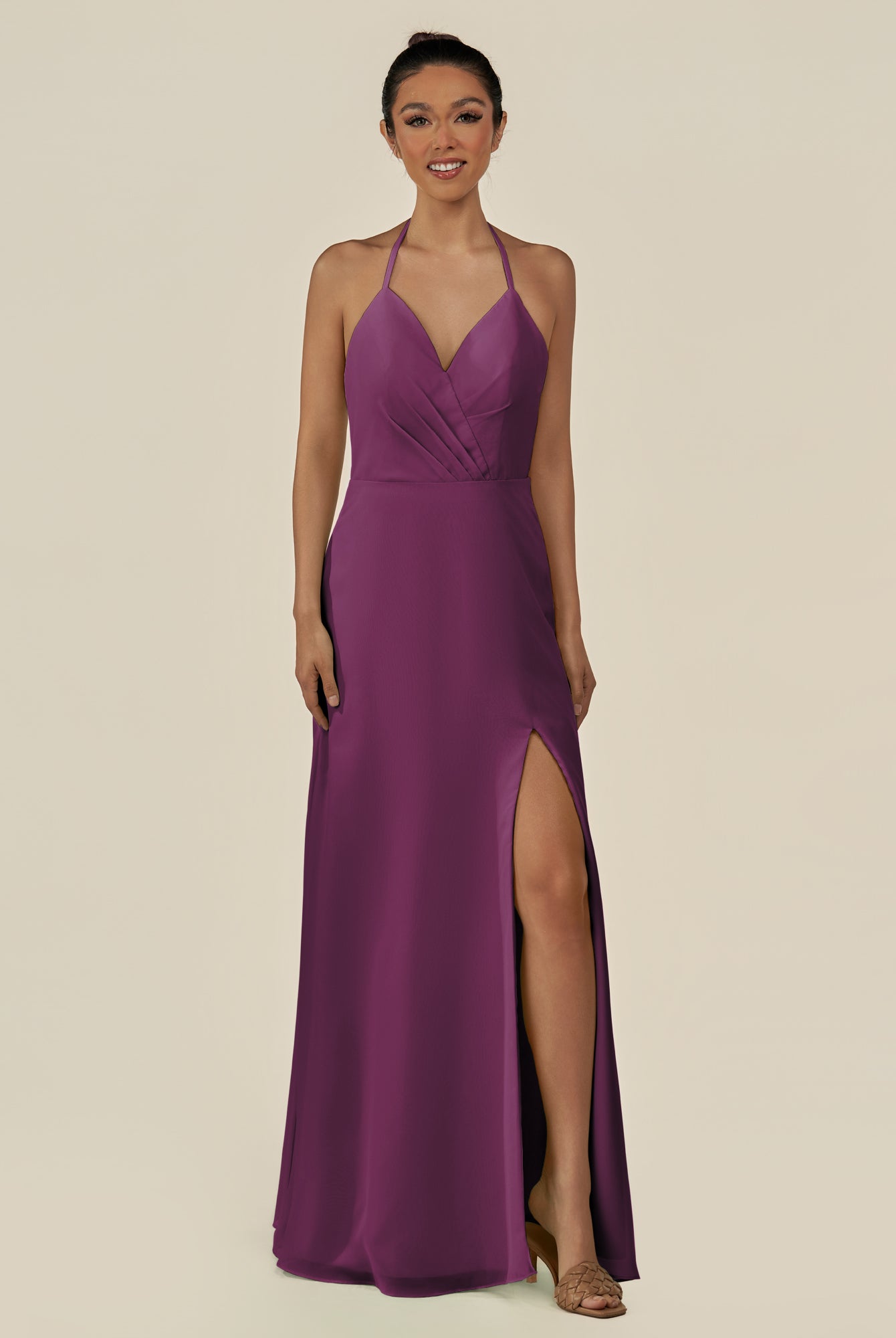 KissDress-Caris Fig A Line Chiffon Halter Neck Pleated Long Bridesmaid Dress with Slit
