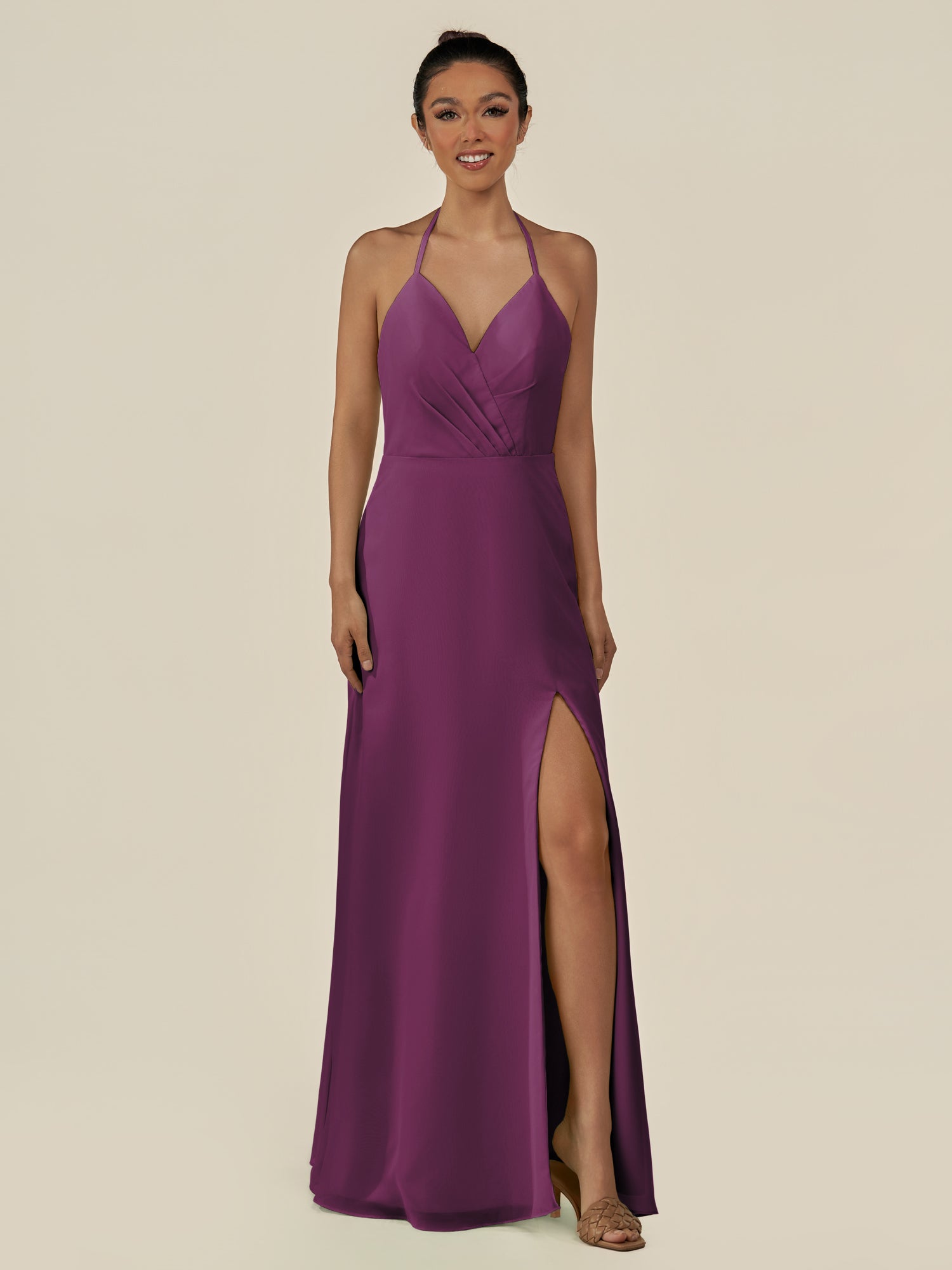 KissDress-Caris Fig A Line Chiffon Halter Neck Pleated Long Bridesmaid Dress with Slit
