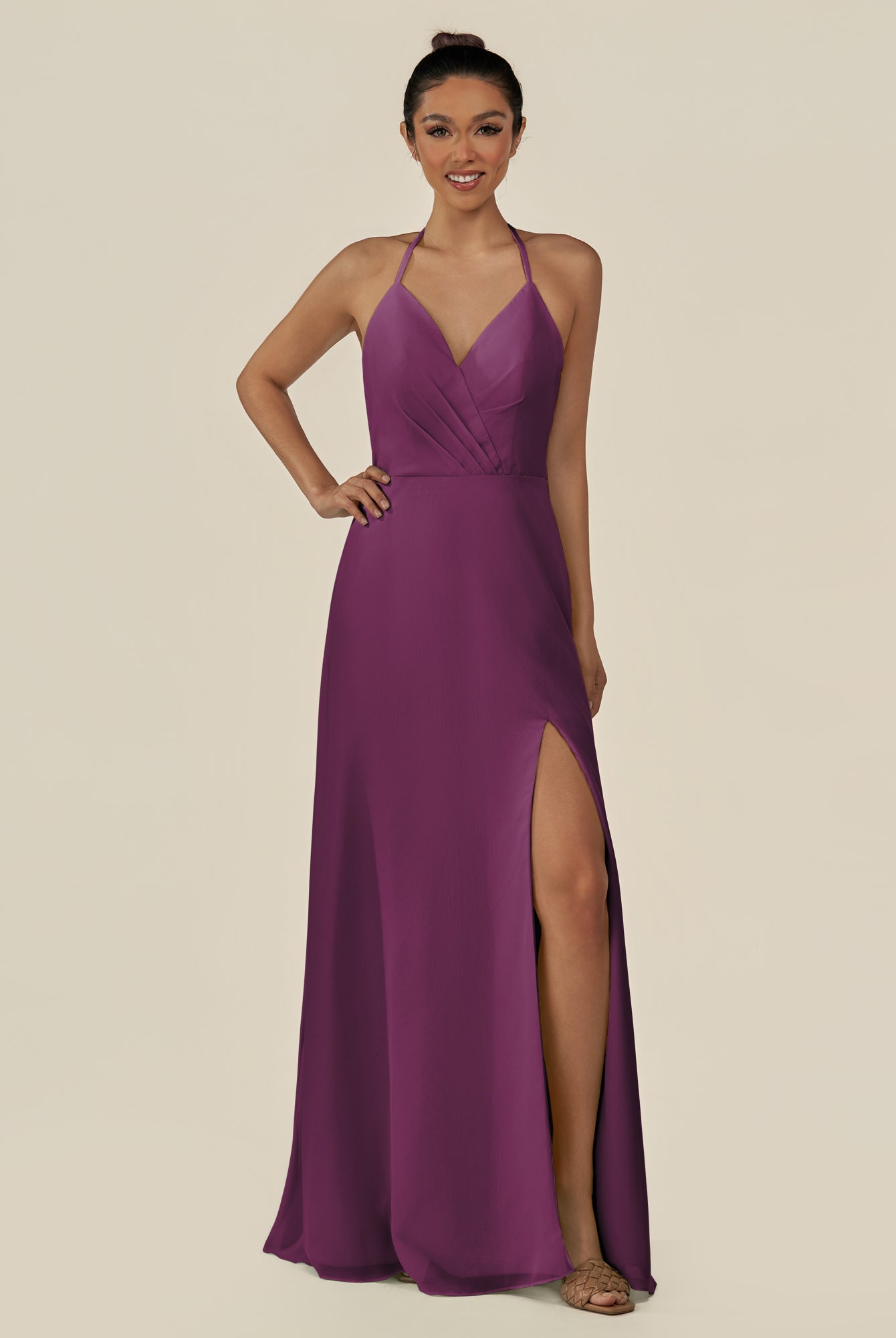 KissDress-Caris Fig A Line Chiffon Halter Neck Pleated Long Bridesmaid Dress with Slit