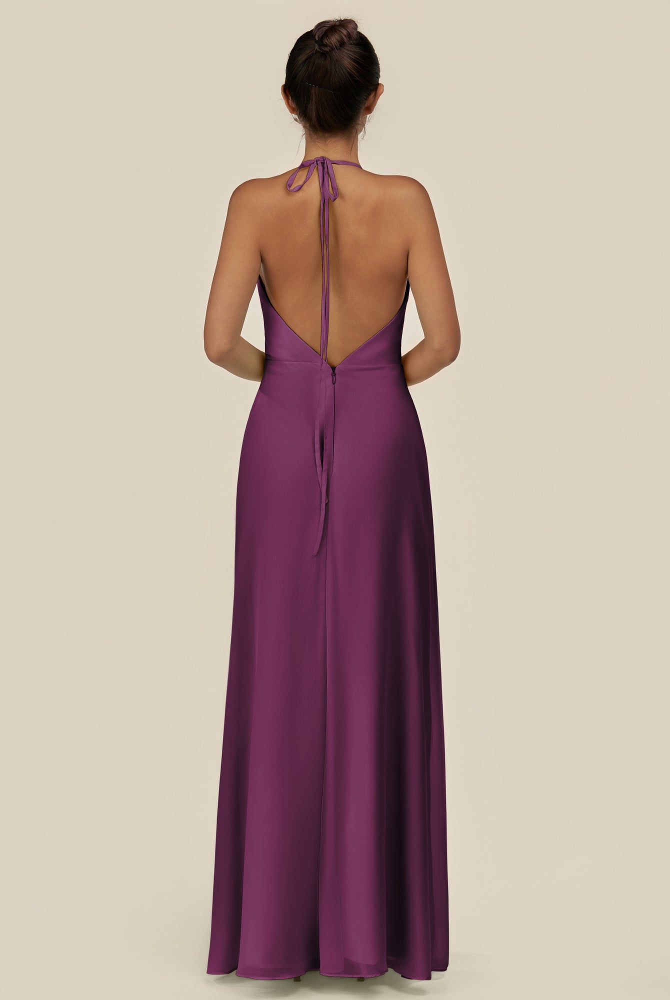 KissDress-Caris Fig A Line Chiffon Halter Neck Pleated Long Bridesmaid Dress with Slit