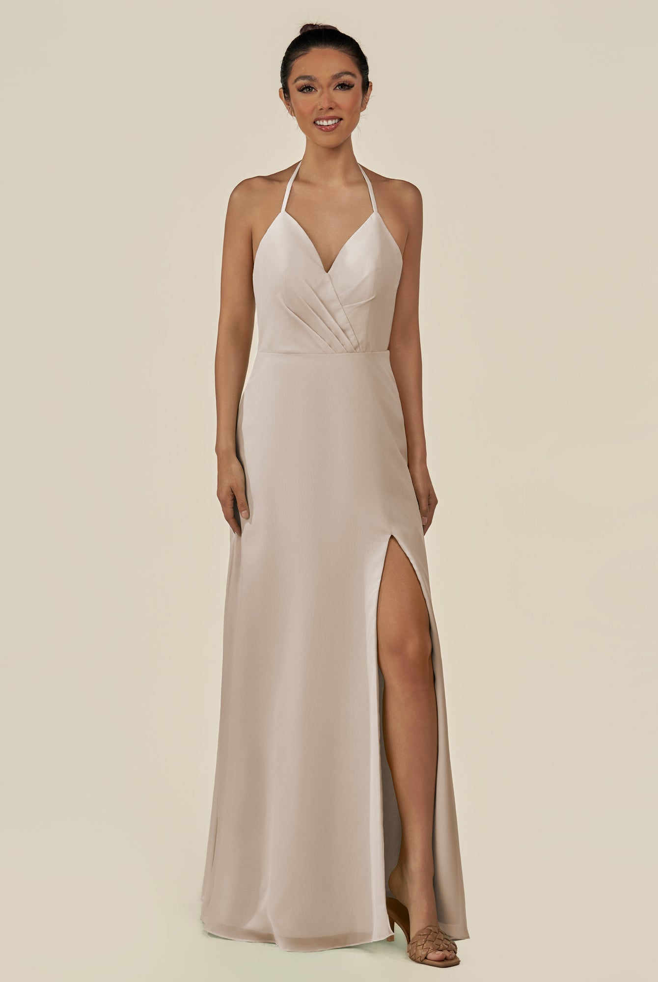KissDress-Caris Frost A Line Chiffon Halter Neck Pleated Long Bridesmaid Dress with Slit