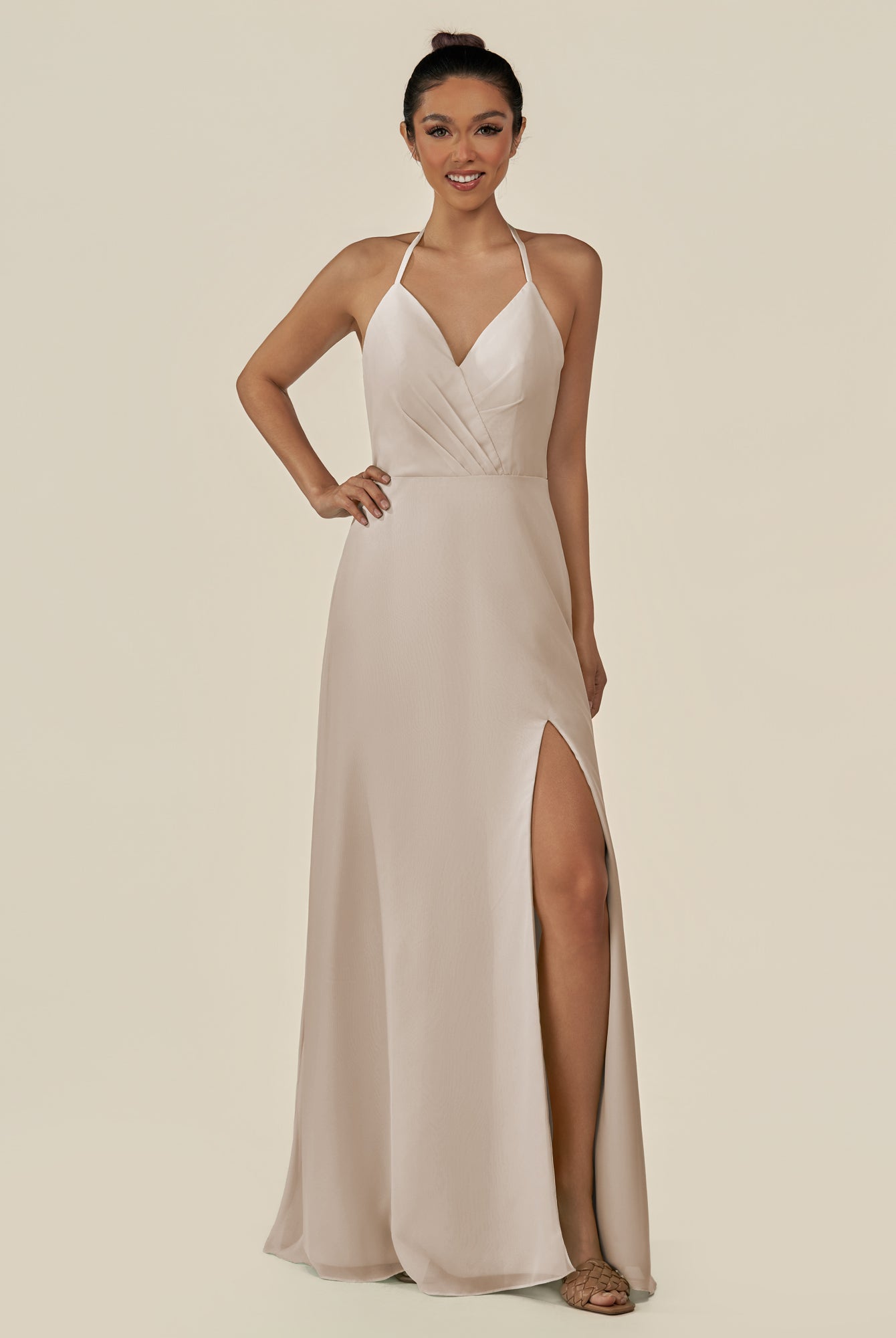KissDress-Caris Frost A Line Chiffon Halter Neck Pleated Long Bridesmaid Dress with Slit