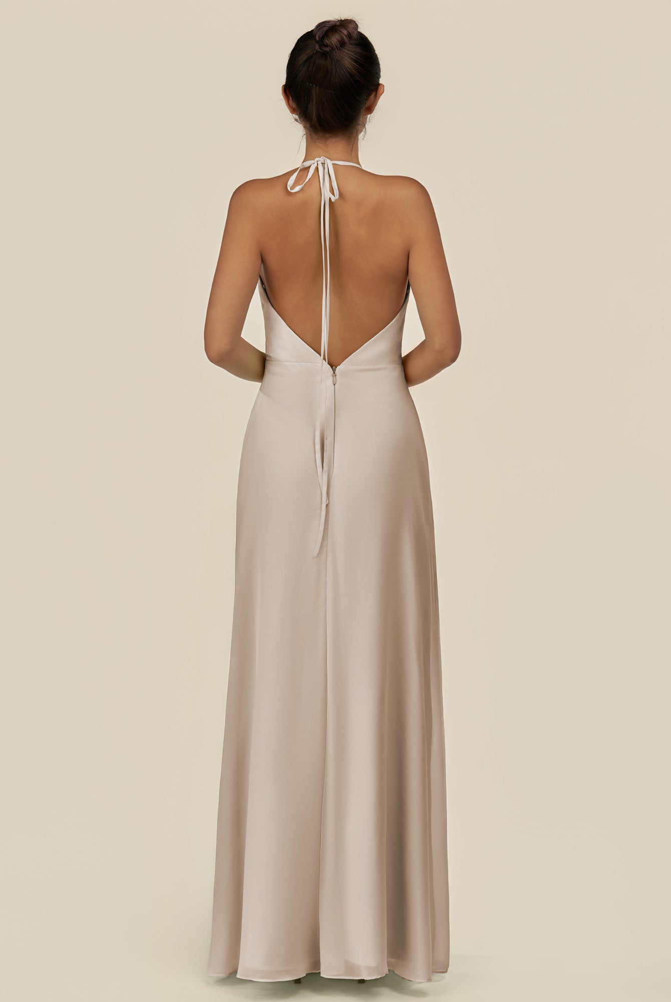 KissDress-Caris Frost A Line Chiffon Halter Neck Pleated Long Bridesmaid Dress with Slit