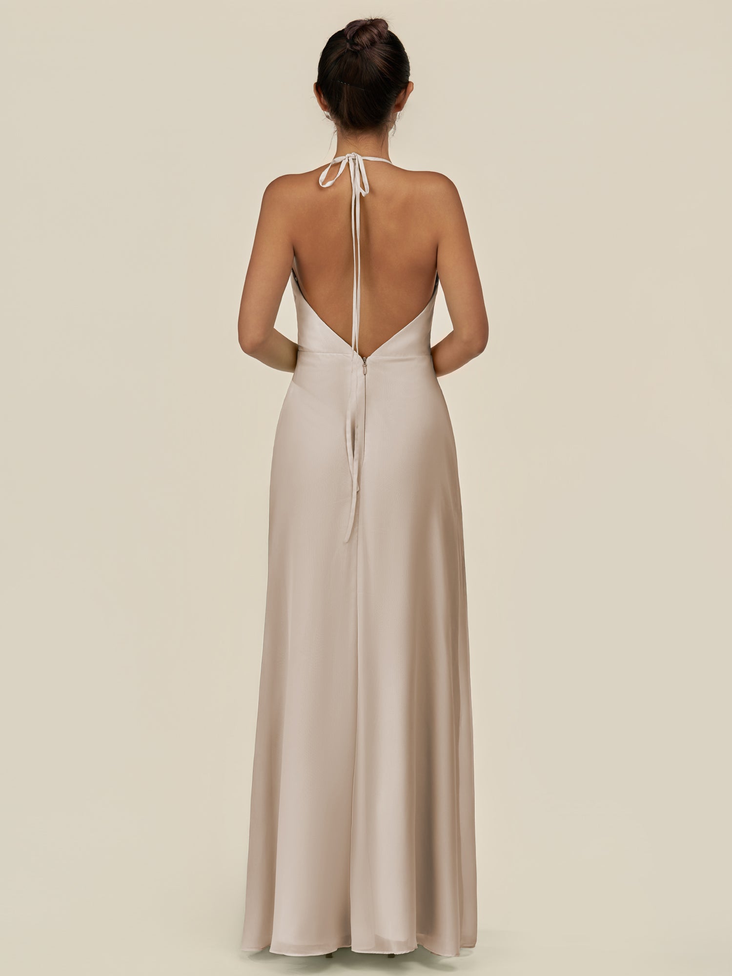 KissDress-Caris Frost A Line Chiffon Halter Neck Pleated Long Bridesmaid Dress with Slit