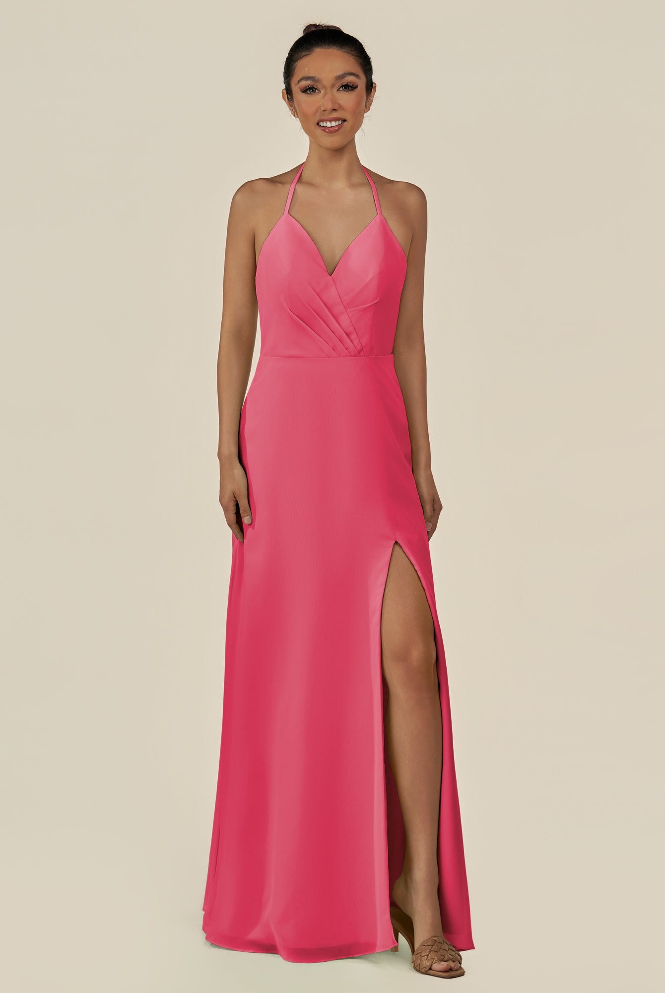 KissDress-Caris Fuchsia A Line Chiffon Halter Neck Pleated Long Bridesmaid Dress with Slit