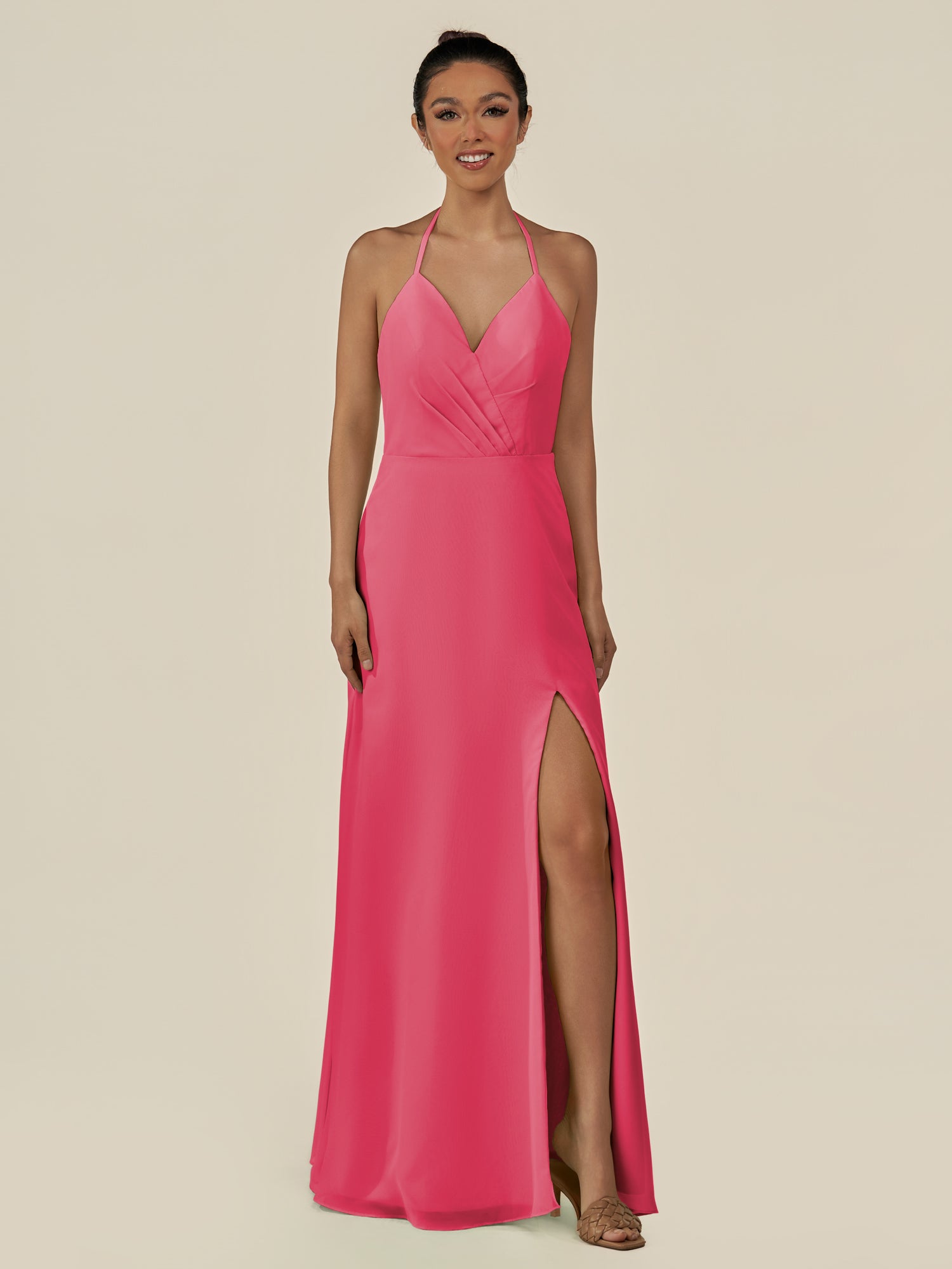 KissDress-Caris Fuchsia A Line Chiffon Halter Neck Pleated Long Bridesmaid Dress with Slit