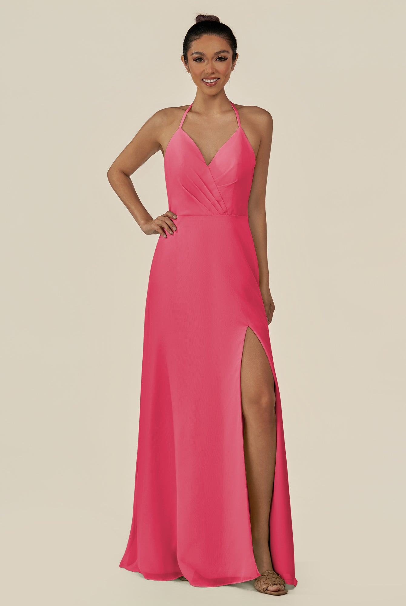 KissDress-Caris Fuchsia A Line Chiffon Halter Neck Pleated Long Bridesmaid Dress with Slit