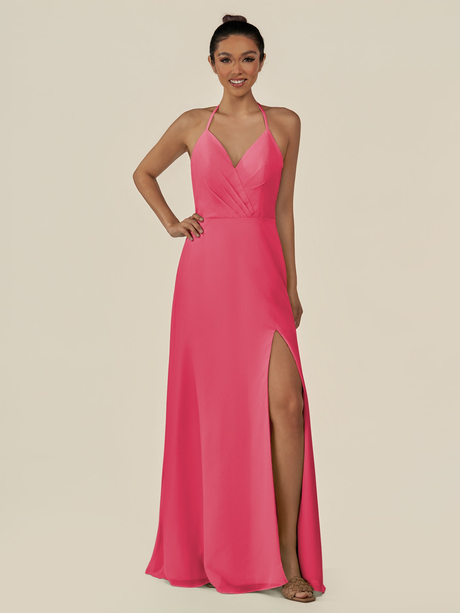 KissDress-Caris Fuchsia A Line Chiffon Halter Neck Pleated Long Bridesmaid Dress with Slit