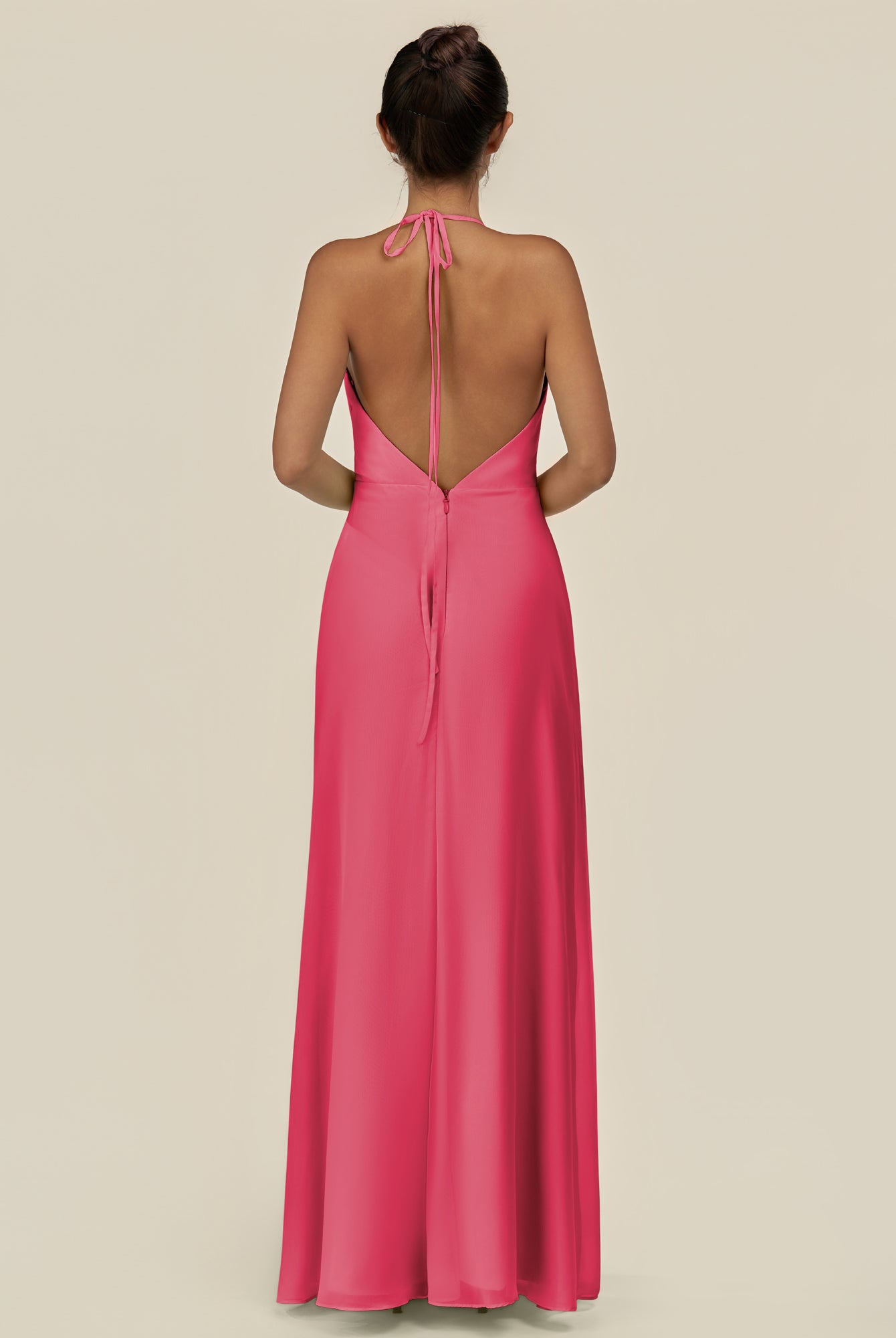 KissDress-Caris Fuchsia A Line Chiffon Halter Neck Pleated Long Bridesmaid Dress with Slit