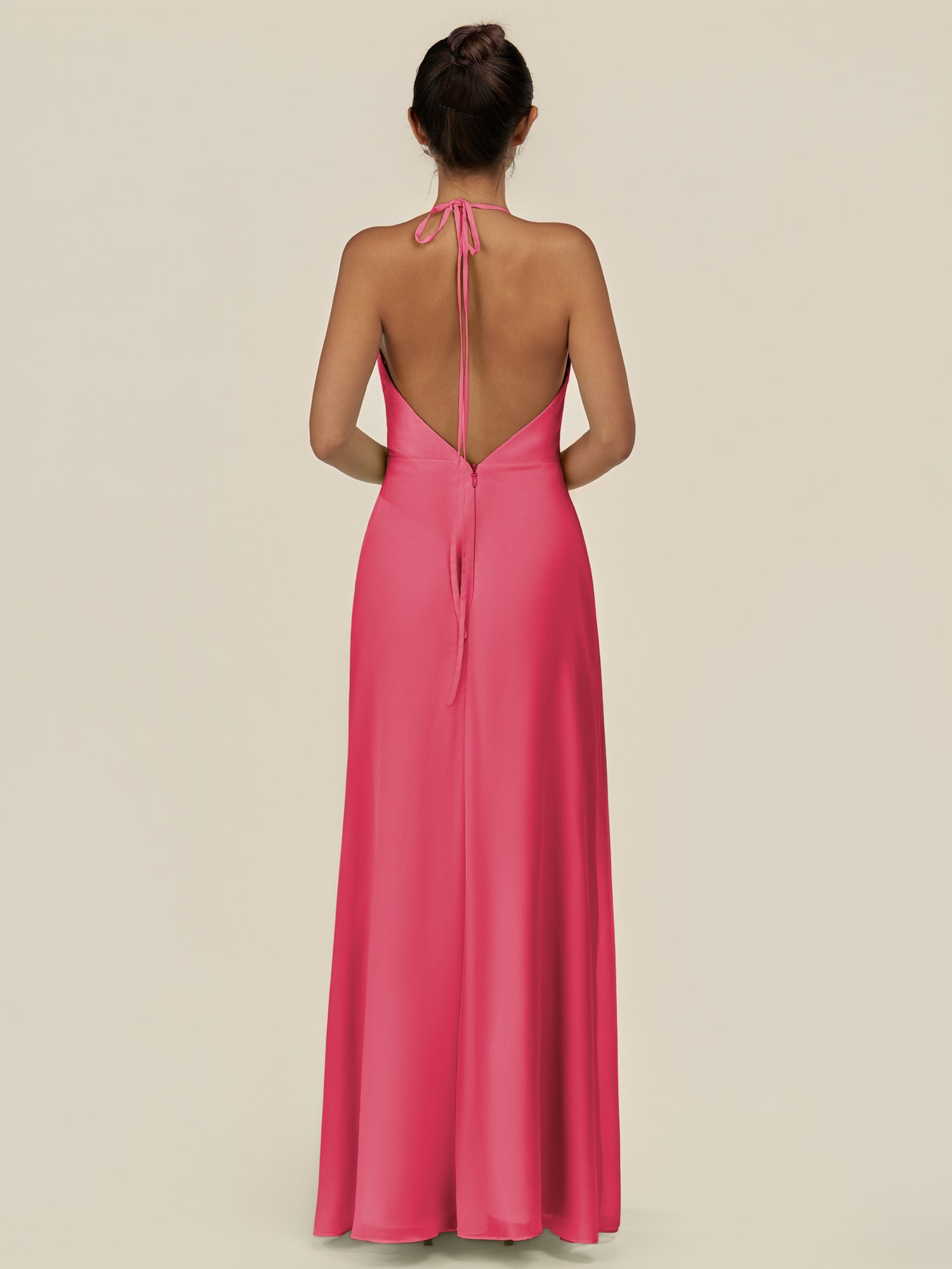 KissDress-Caris Fuchsia A Line Chiffon Halter Neck Pleated Long Bridesmaid Dress with Slit