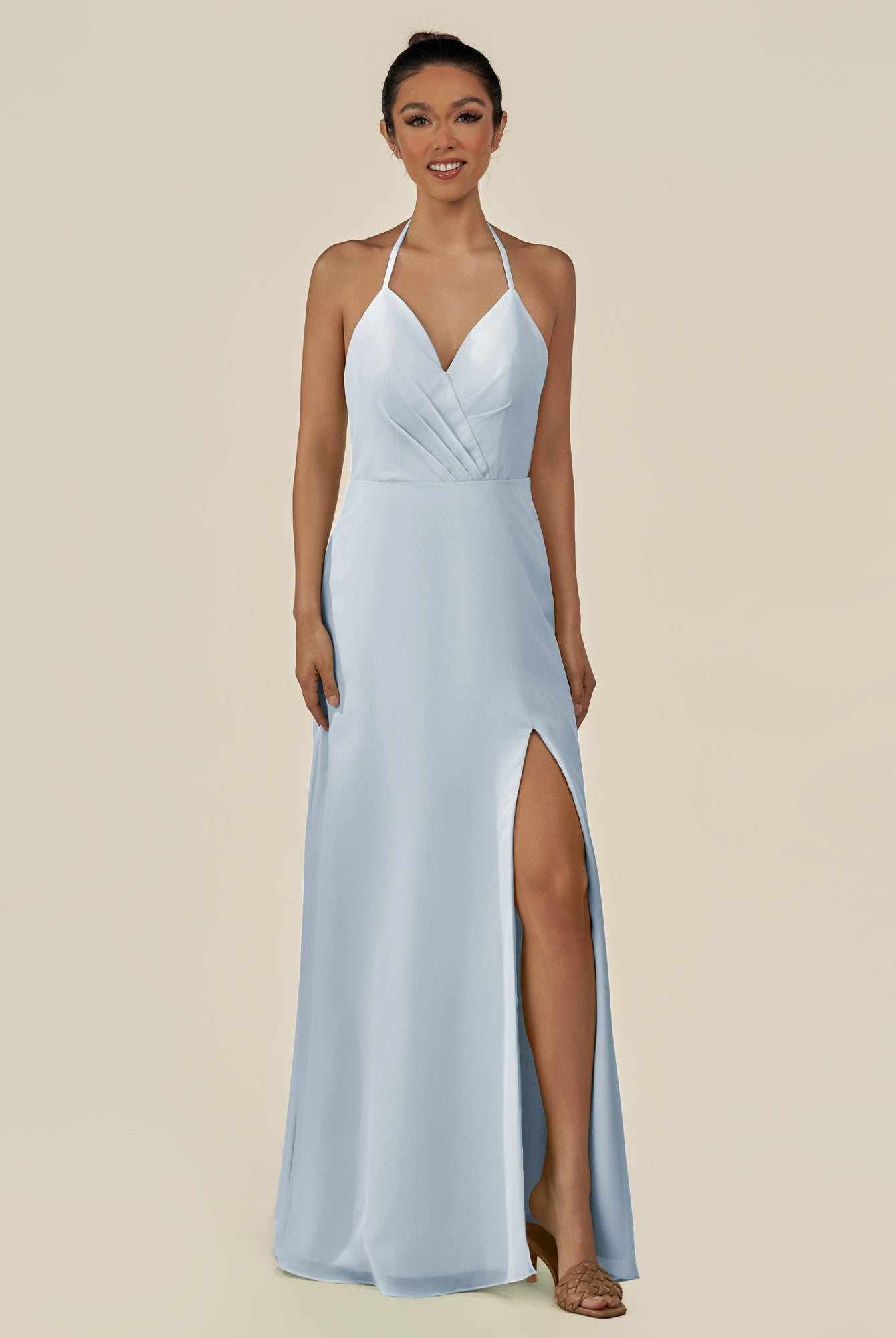 KissDress-Caris Ice A Line Chiffon Halter Neck Pleated Long Bridesmaid Dress with Slit