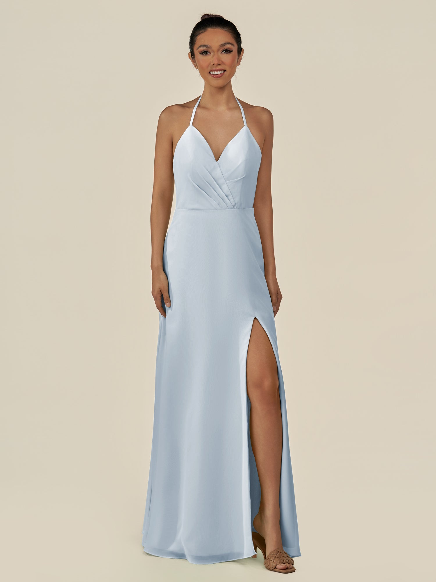 KissDress-Caris Ice A Line Chiffon Halter Neck Pleated Long Bridesmaid Dress with Slit