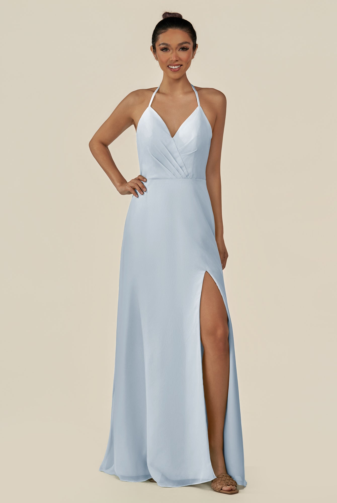 KissDress-Caris Ice A Line Chiffon Halter Neck Pleated Long Bridesmaid Dress with Slit