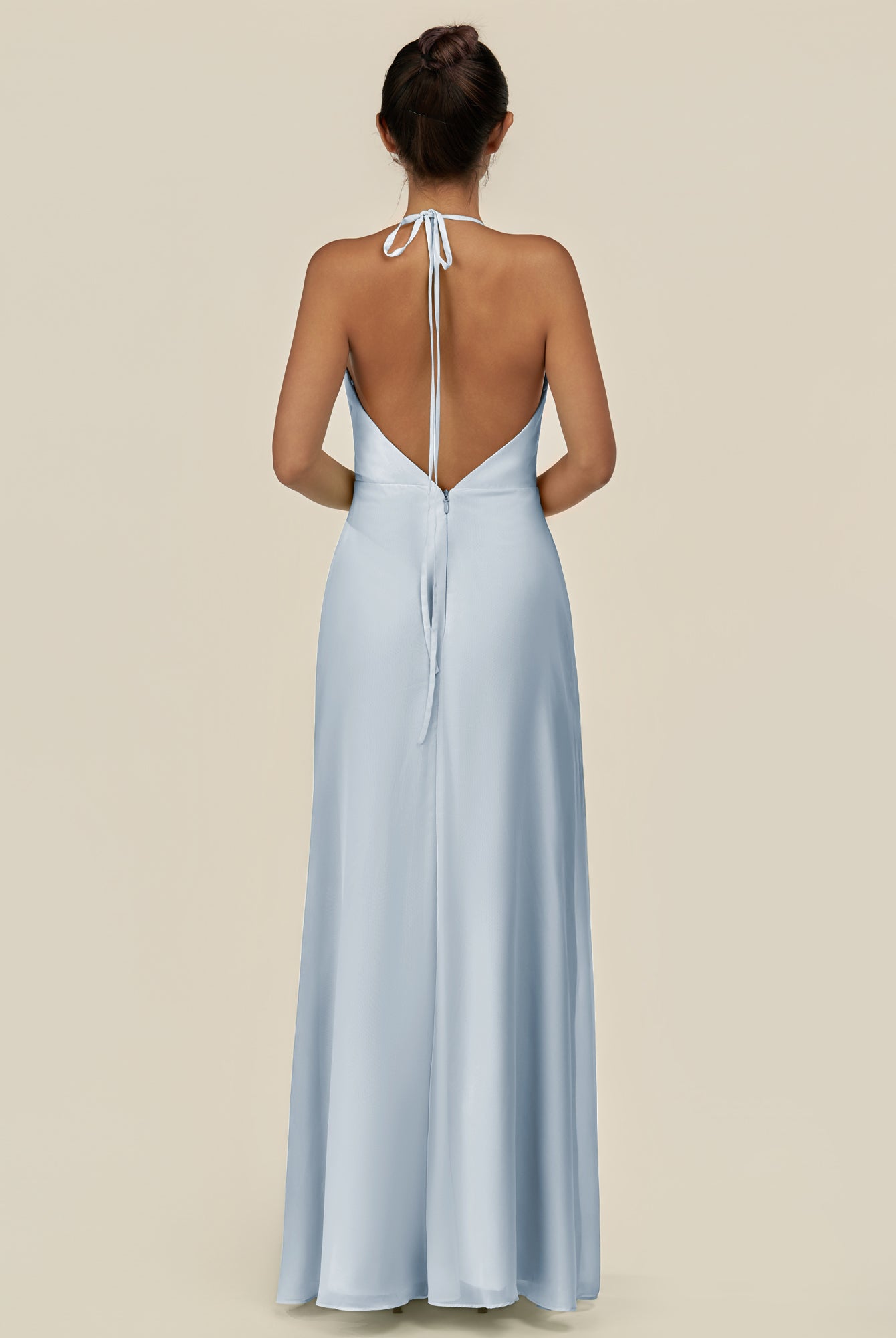 KissDress-Caris Ice A Line Chiffon Halter Neck Pleated Long Bridesmaid Dress with Slit