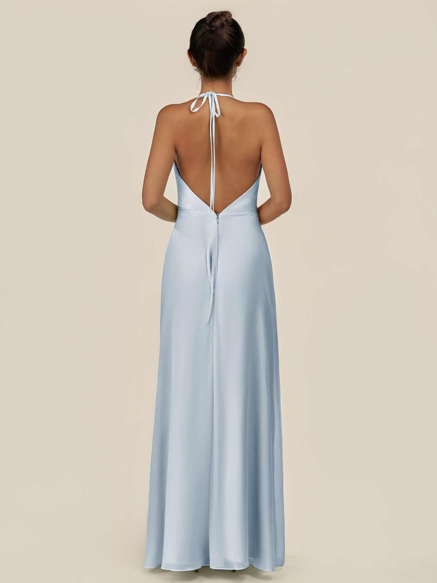 KissDress-Caris Ice A Line Chiffon Halter Neck Pleated Long Bridesmaid Dress with Slit