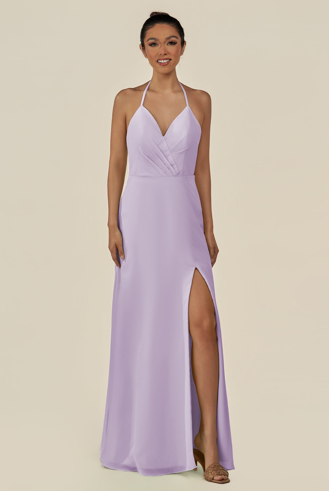 KissDress-Caris Lavender A Line Chiffon Halter Neck Pleated Long Bridesmaid Dress with Slit