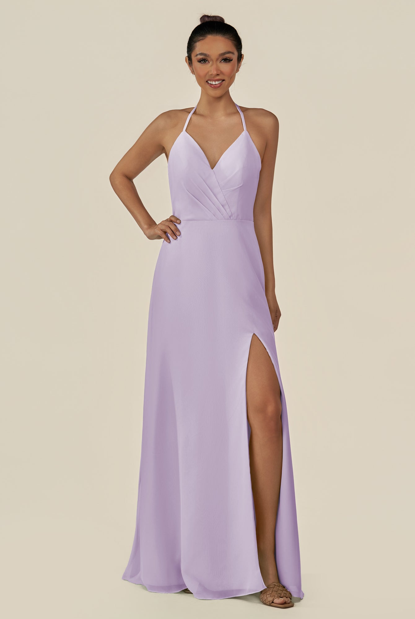 KissDress-Caris Lavender A Line Chiffon Halter Neck Pleated Long Bridesmaid Dress with Slit