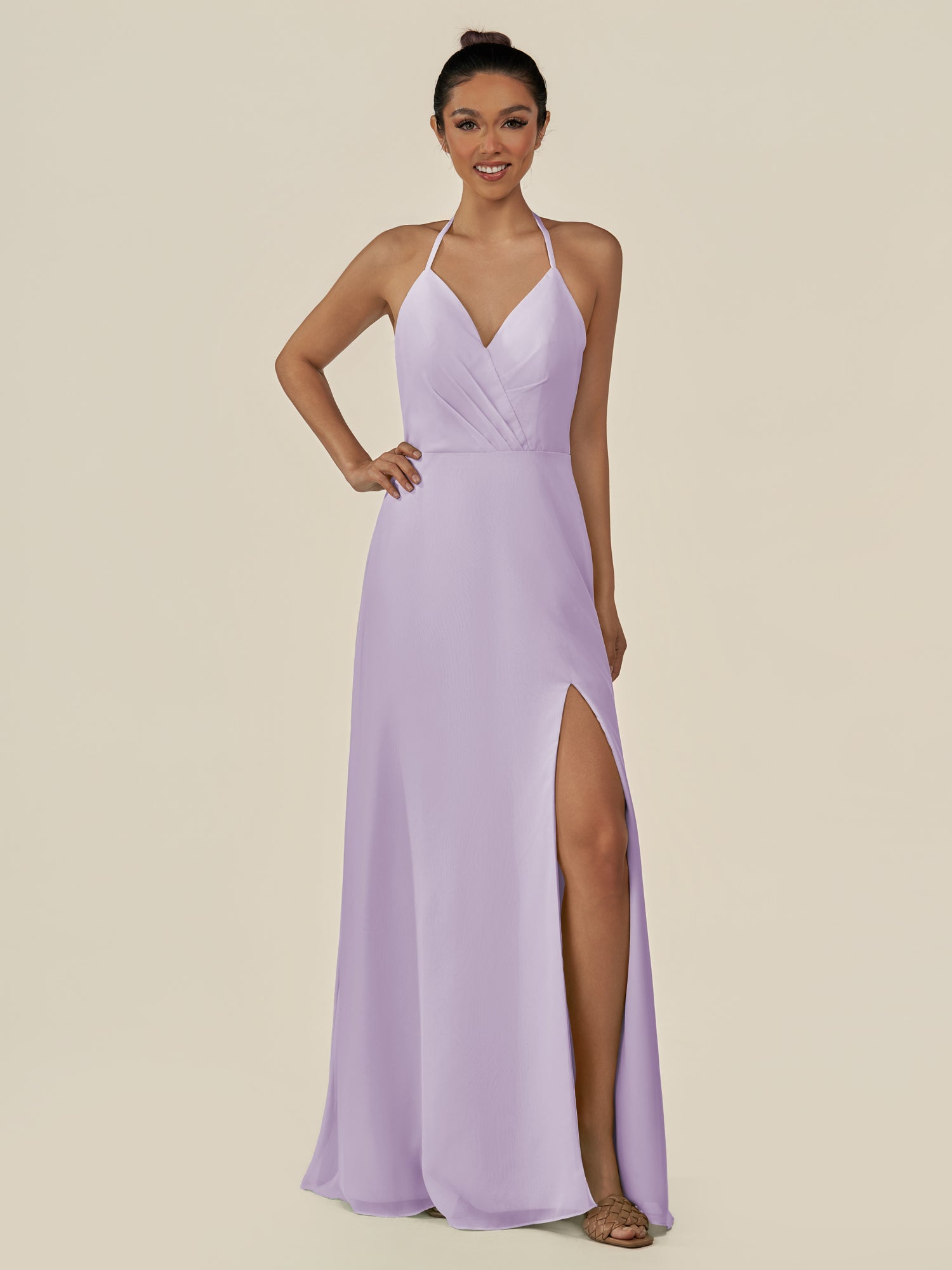 KissDress-Caris Lavender A Line Chiffon Halter Neck Pleated Long Bridesmaid Dress with Slit