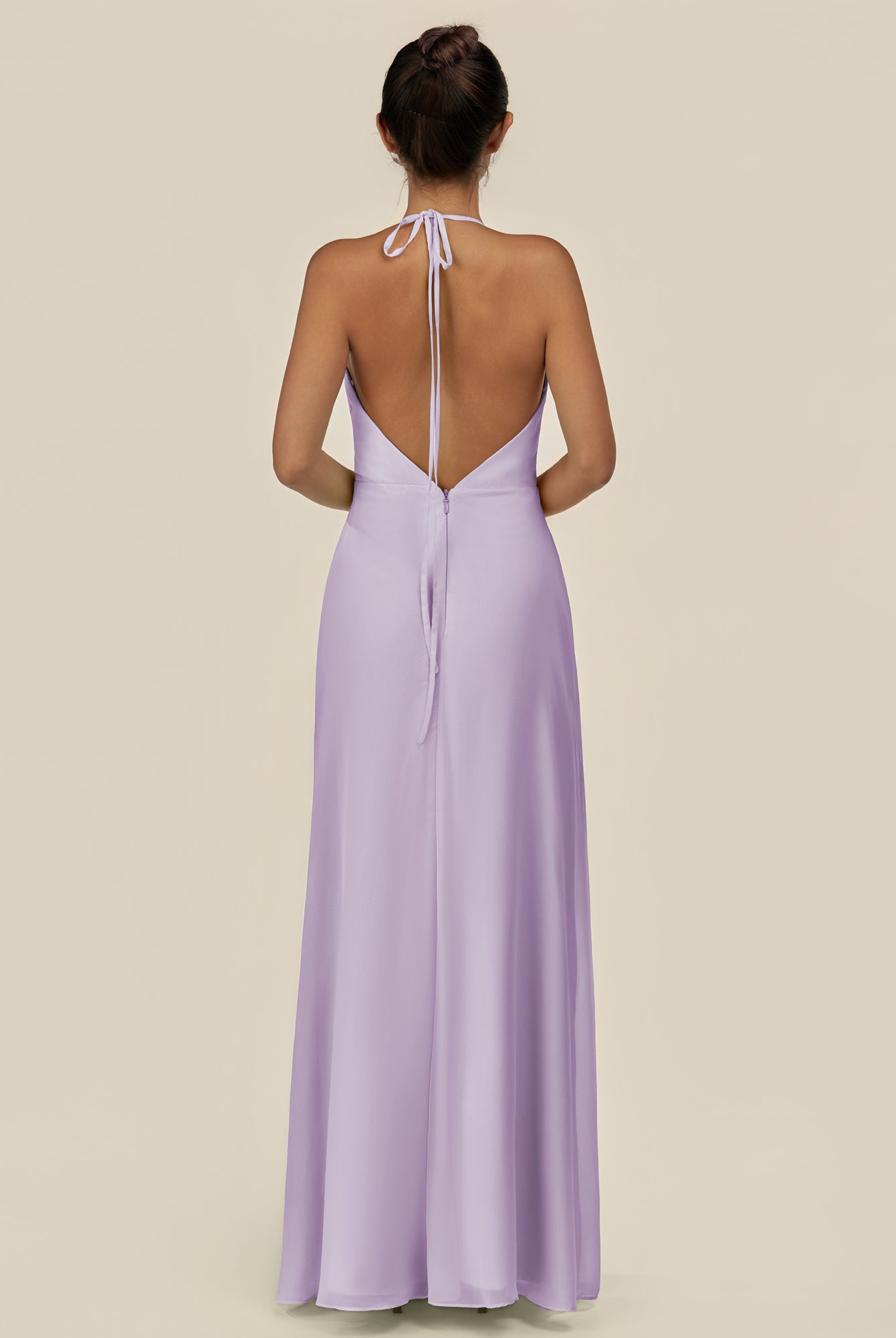 KissDress-Caris Lavender A Line Chiffon Halter Neck Pleated Long Bridesmaid Dress with Slit