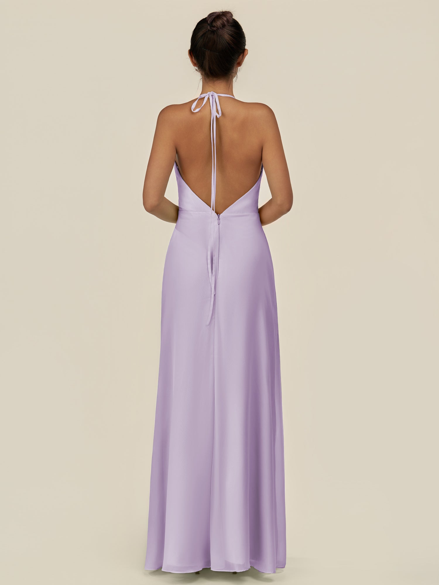 KissDress-Caris Lavender A Line Chiffon Halter Neck Pleated Long Bridesmaid Dress with Slit