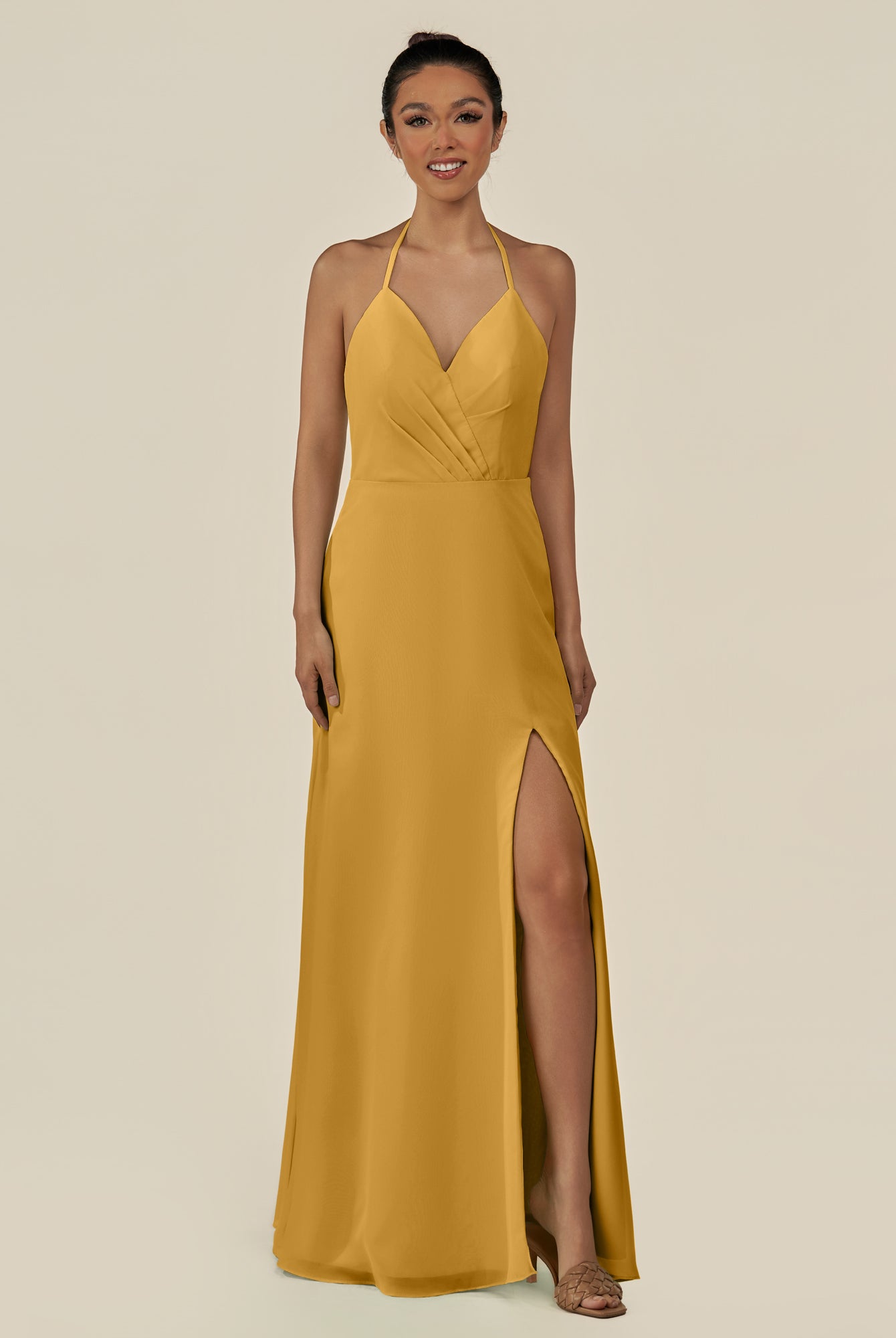 KissDress-Caris Marigold A Line Chiffon Halter Neck Pleated Long Bridesmaid Dress with Slit