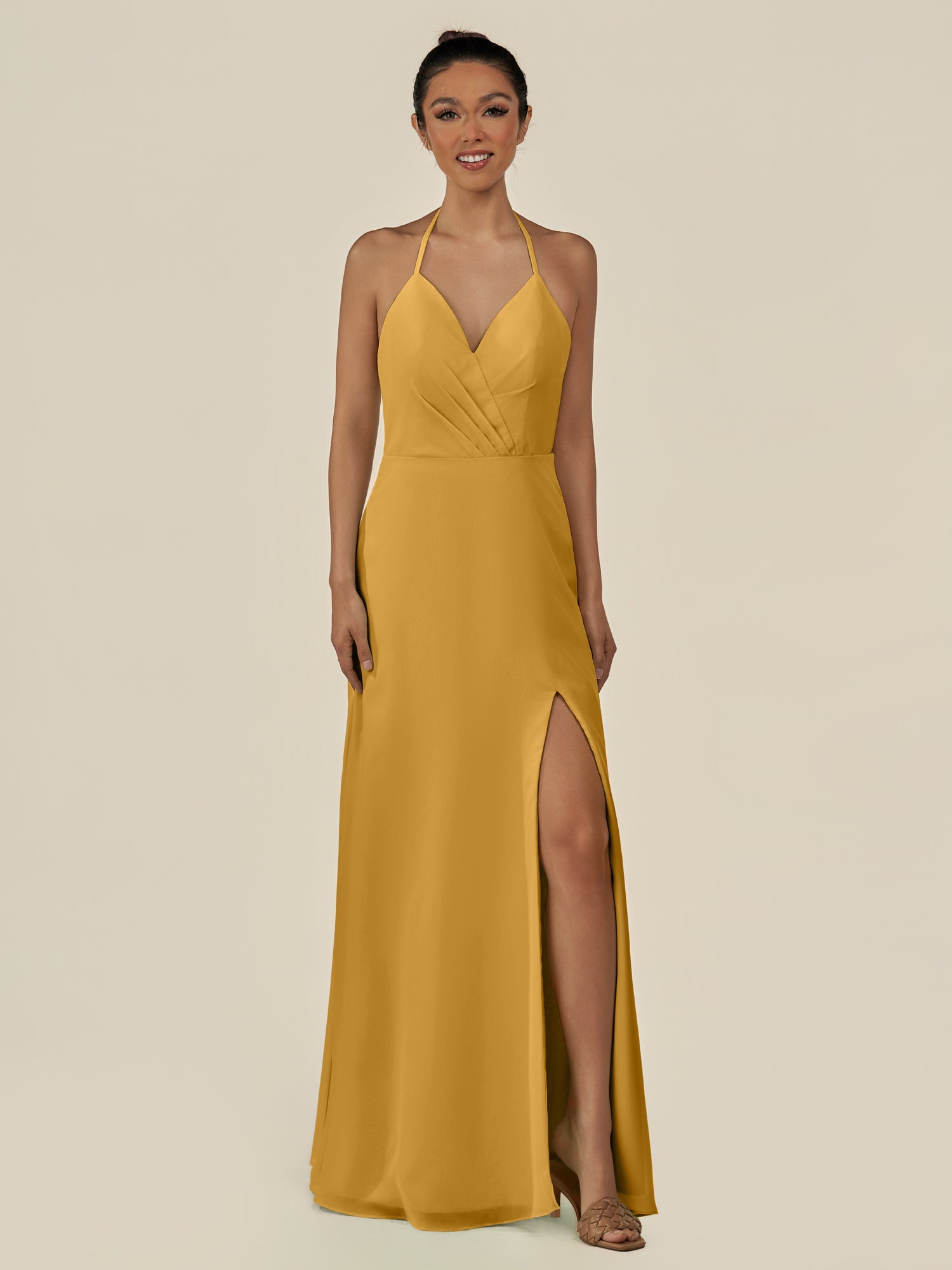 KissDress-Caris Marigold A Line Chiffon Halter Neck Pleated Long Bridesmaid Dress with Slit