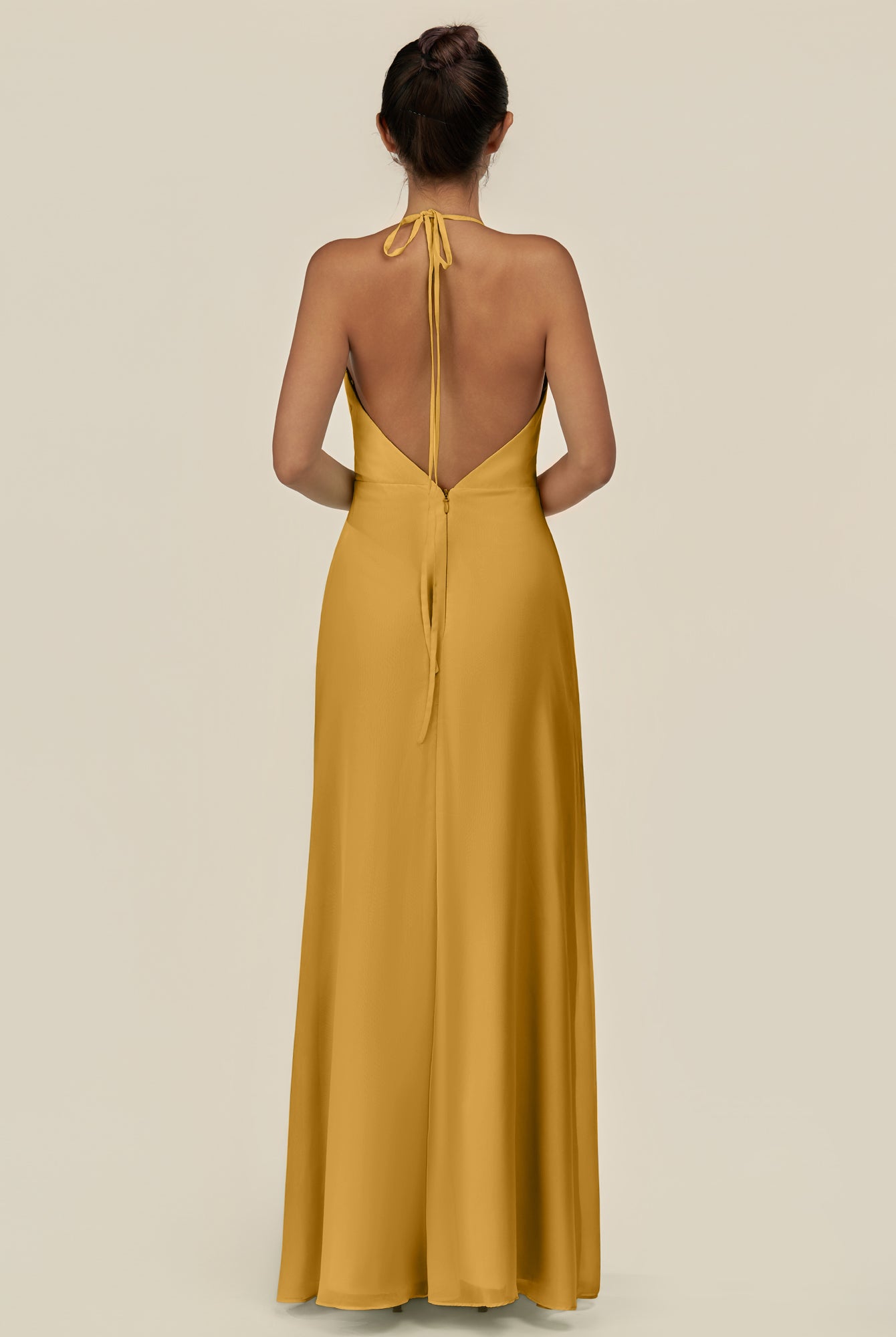 KissDress-Caris Marigold A Line Chiffon Halter Neck Pleated Long Bridesmaid Dress with Slit