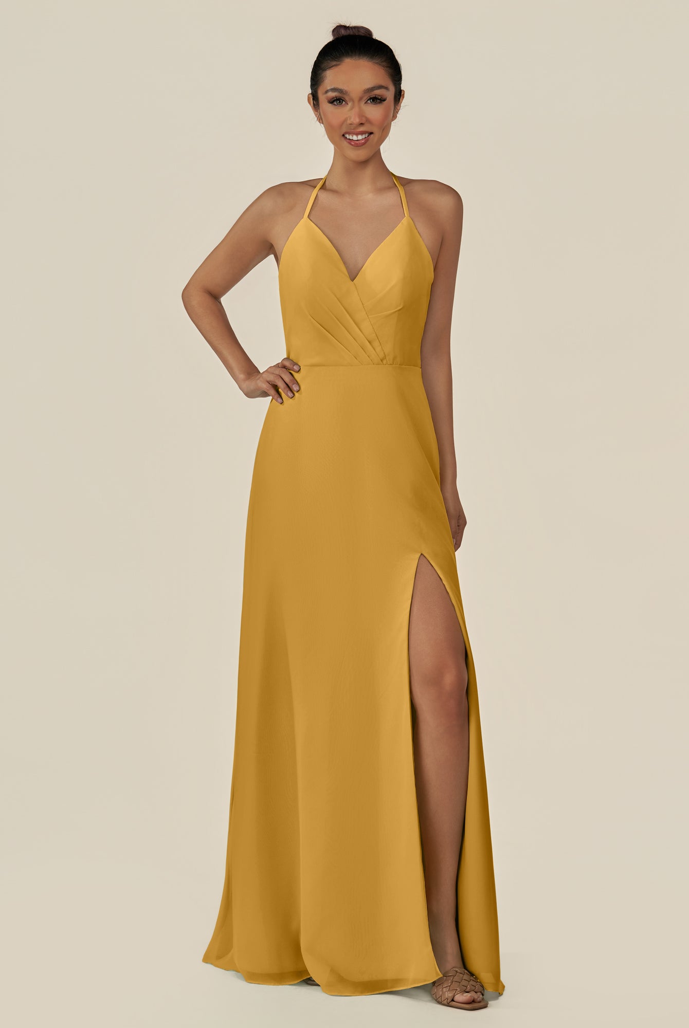 KissDress-Caris Marigold A Line Chiffon Halter Neck Pleated Long Bridesmaid Dress with Slit