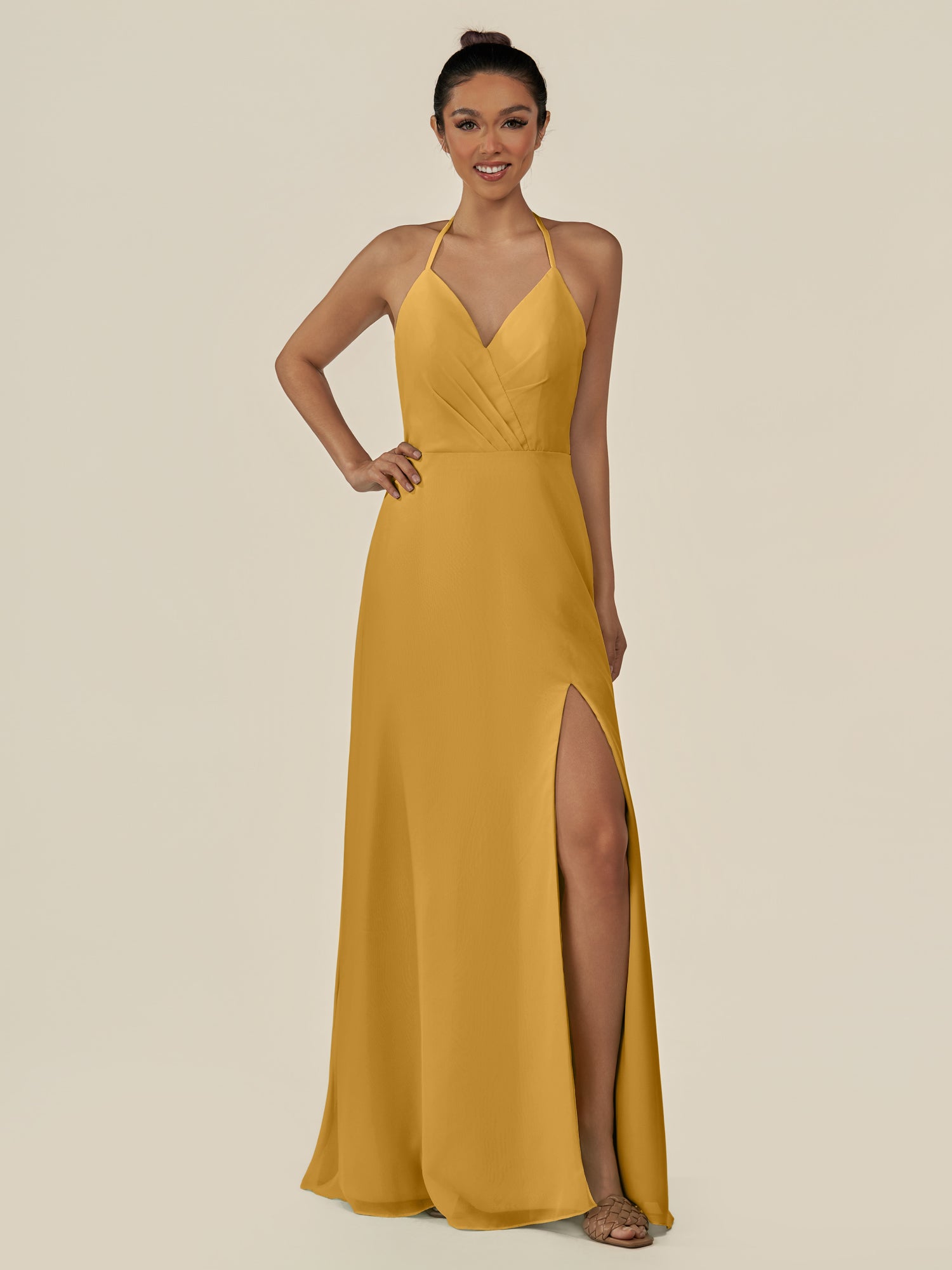 KissDress-Caris Marigold A Line Chiffon Halter Neck Pleated Long Bridesmaid Dress with Slit