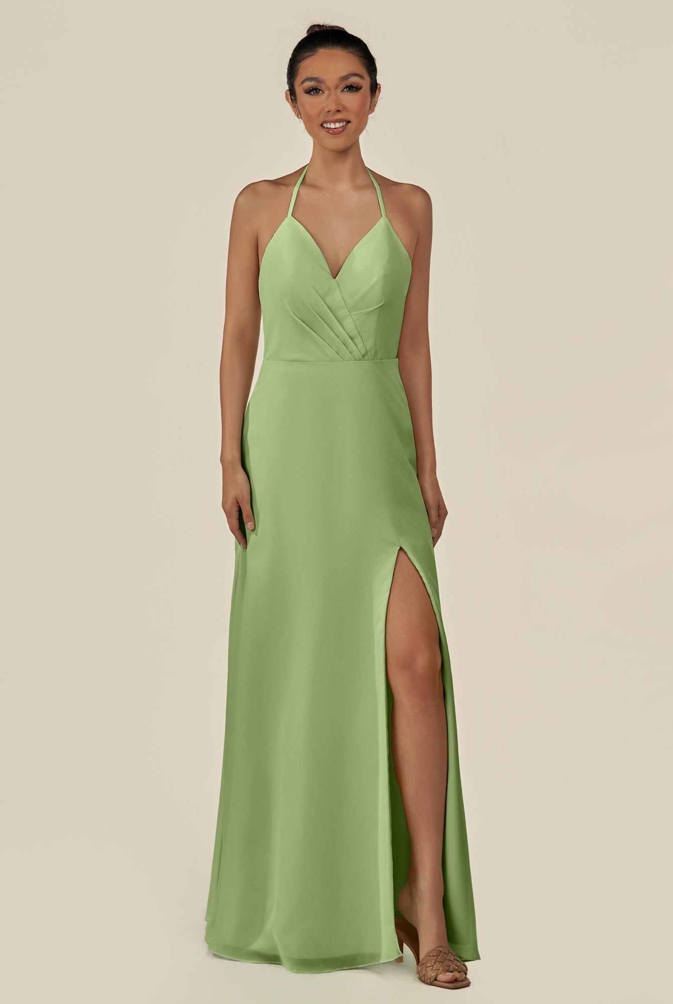KissDress-Caris Matcha A Line Chiffon Halter Neck Pleated Long Bridesmaid Dress with Slit