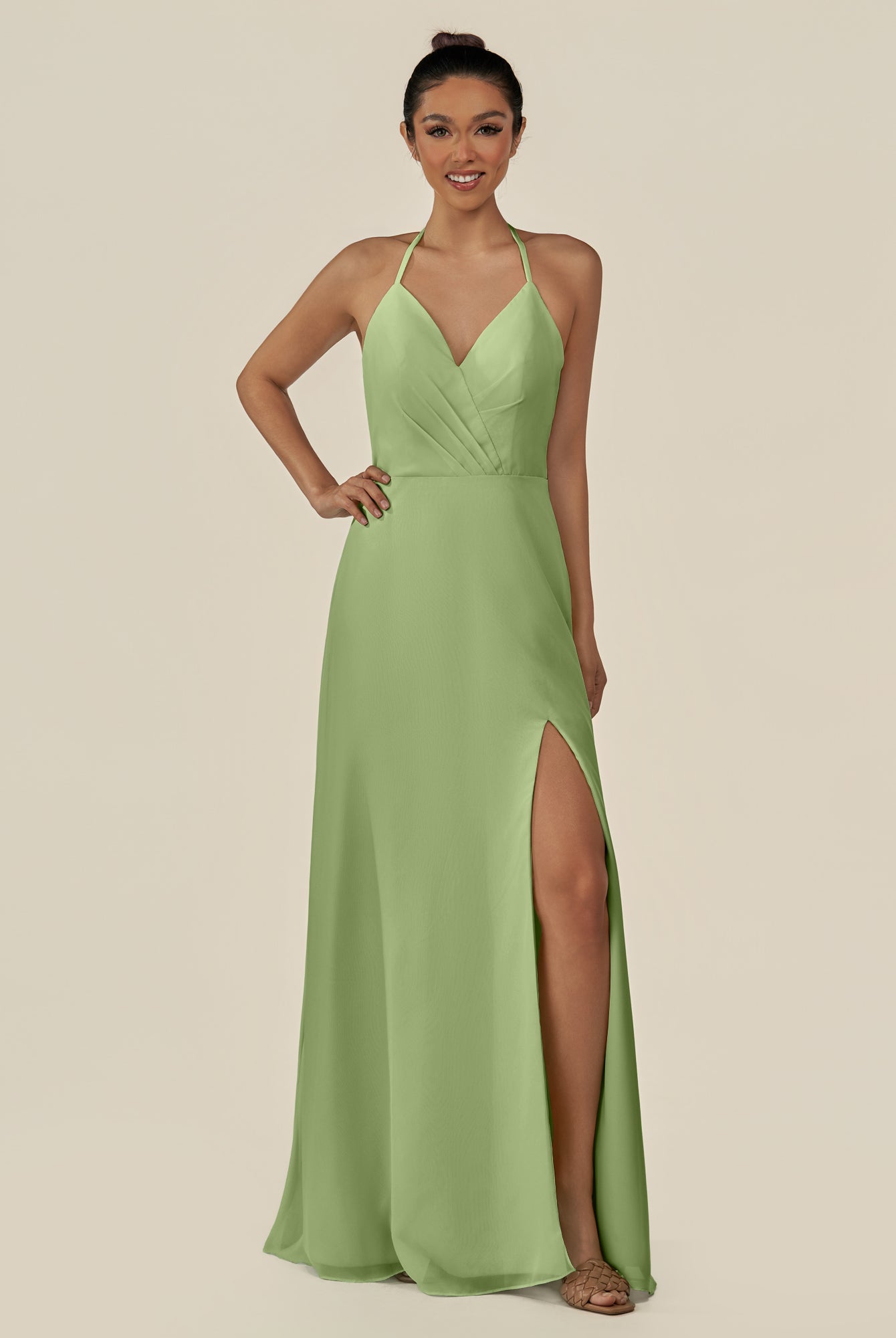 KissDress-Caris Matcha A Line Chiffon Halter Neck Pleated Long Bridesmaid Dress with Slit
