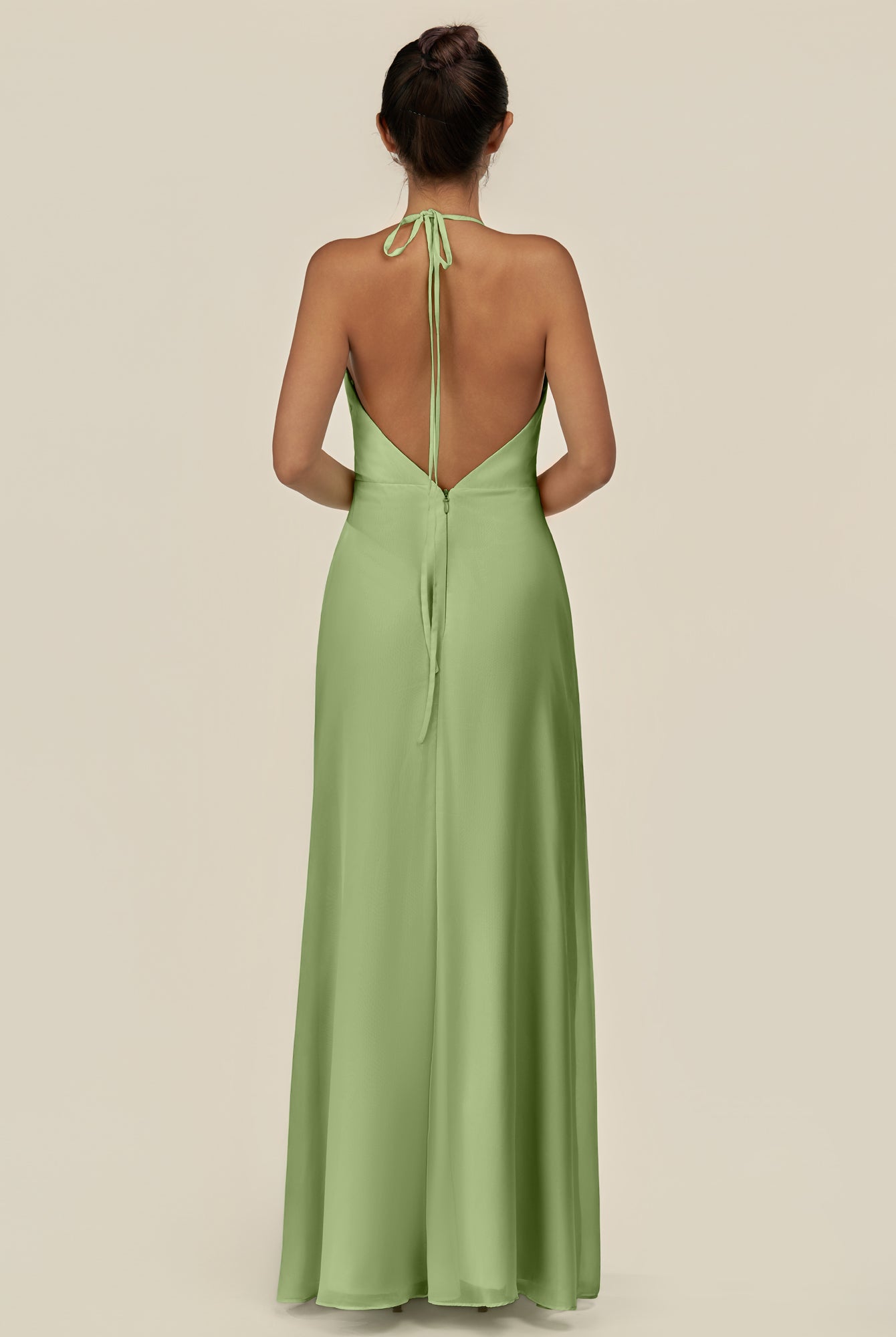 KissDress-Caris Matcha A Line Chiffon Halter Neck Pleated Long Bridesmaid Dress with Slit