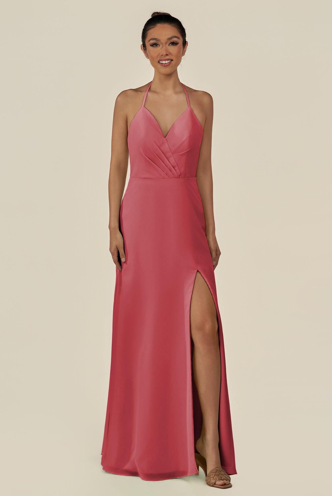 KissDress-Caris Merlot A Line Chiffon Halter Neck Pleated Long Bridesmaid Dress with Slit