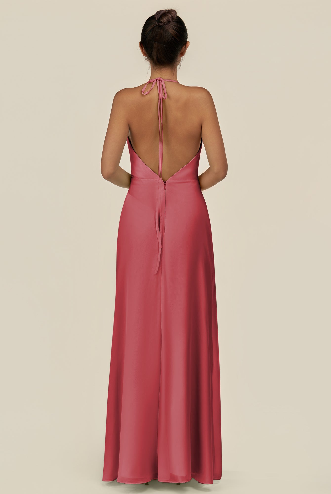 KissDress-Caris Merlot A Line Chiffon Halter Neck Pleated Long Bridesmaid Dress with Slit