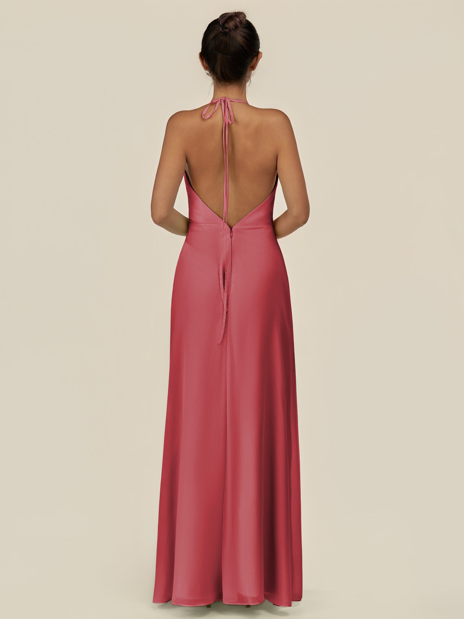 KissDress-Caris Merlot A Line Chiffon Halter Neck Pleated Long Bridesmaid Dress with Slit