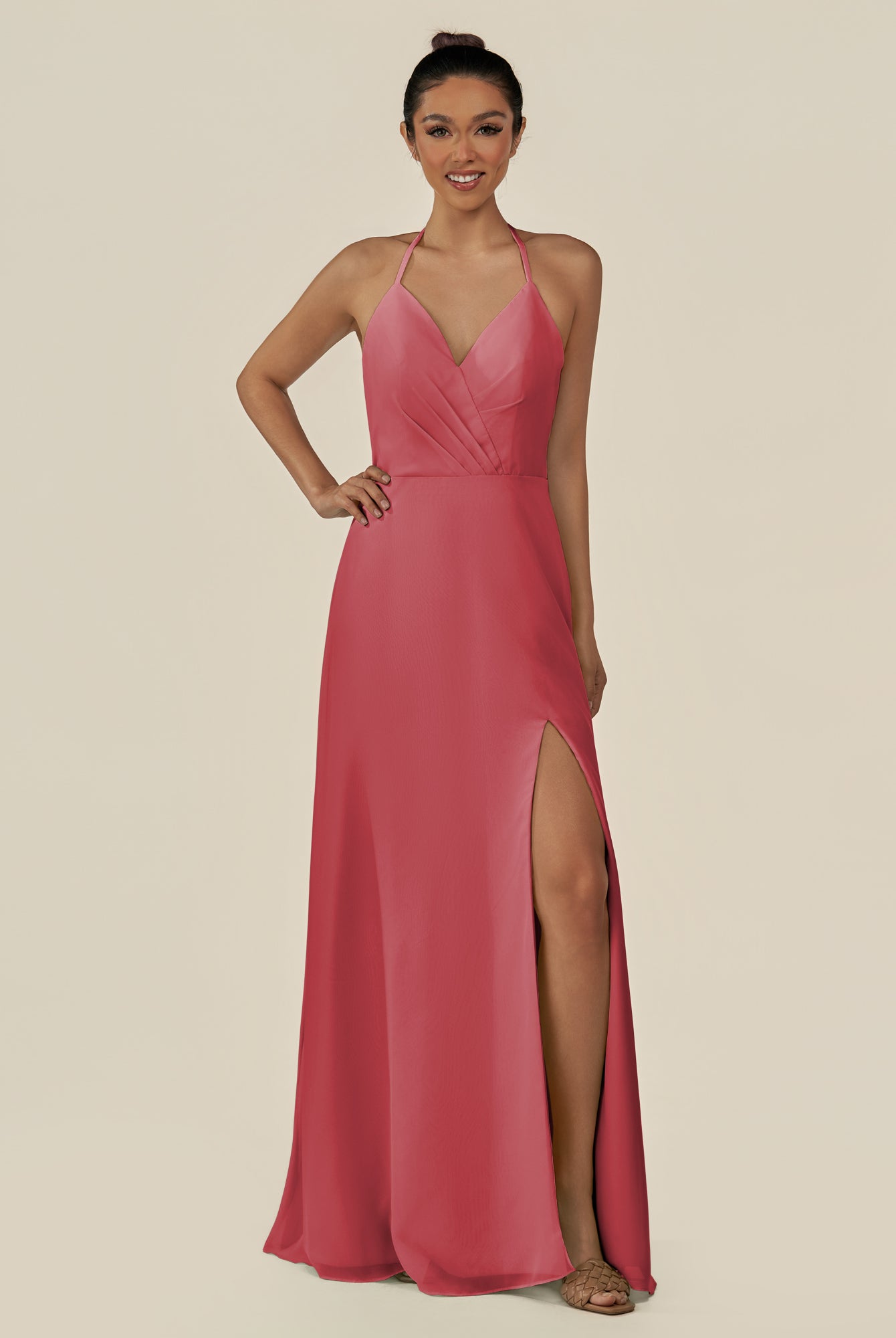 KissDress-Caris Merlot A Line Chiffon Halter Neck Pleated Long Bridesmaid Dress with Slit