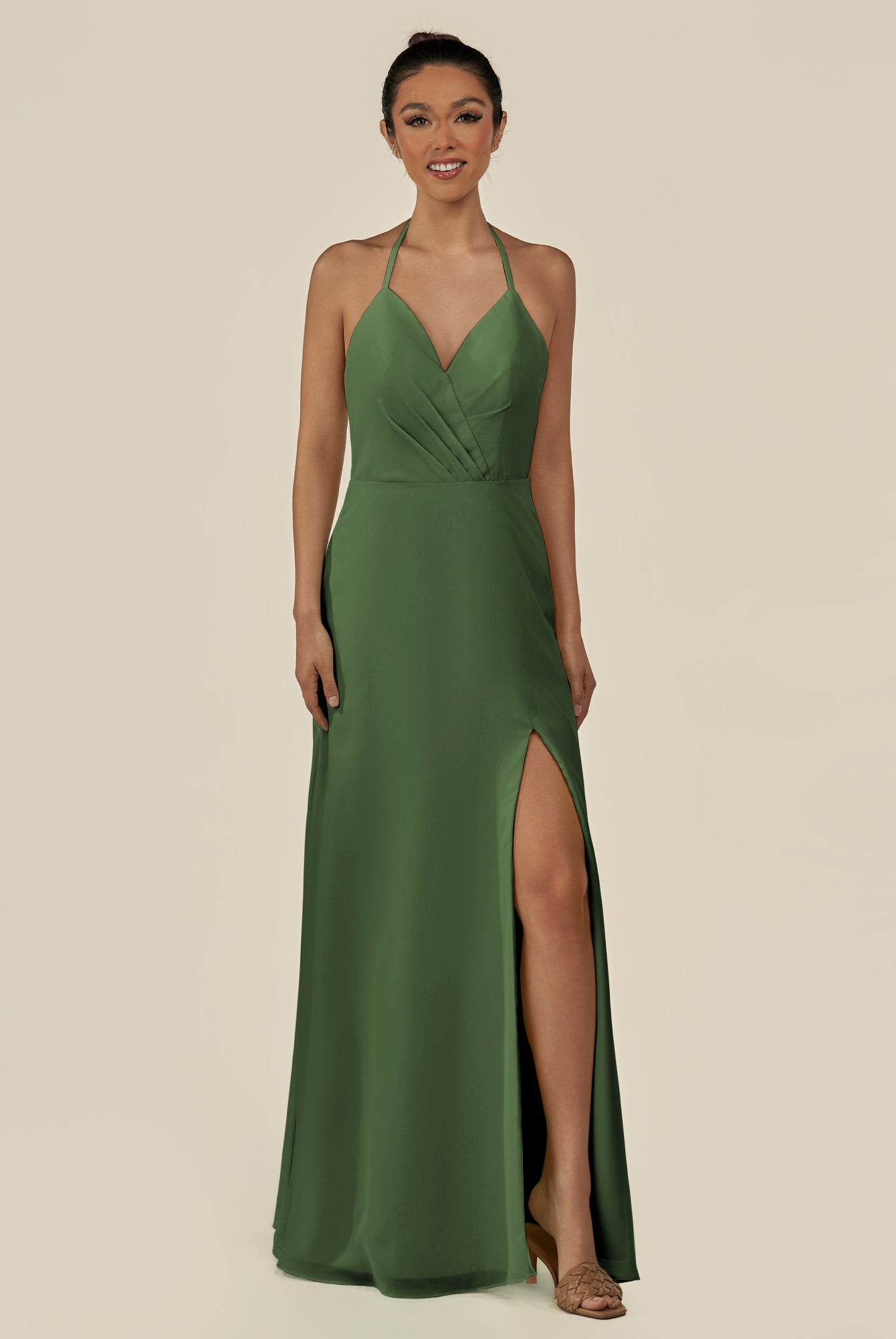 KissDress-Caris Moss A Line Chiffon Halter Neck Pleated Long Bridesmaid Dress with Slit