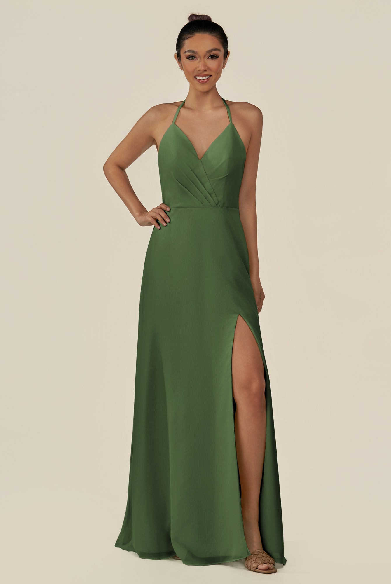 KissDress-Caris Moss A Line Chiffon Halter Neck Pleated Long Bridesmaid Dress with Slit
