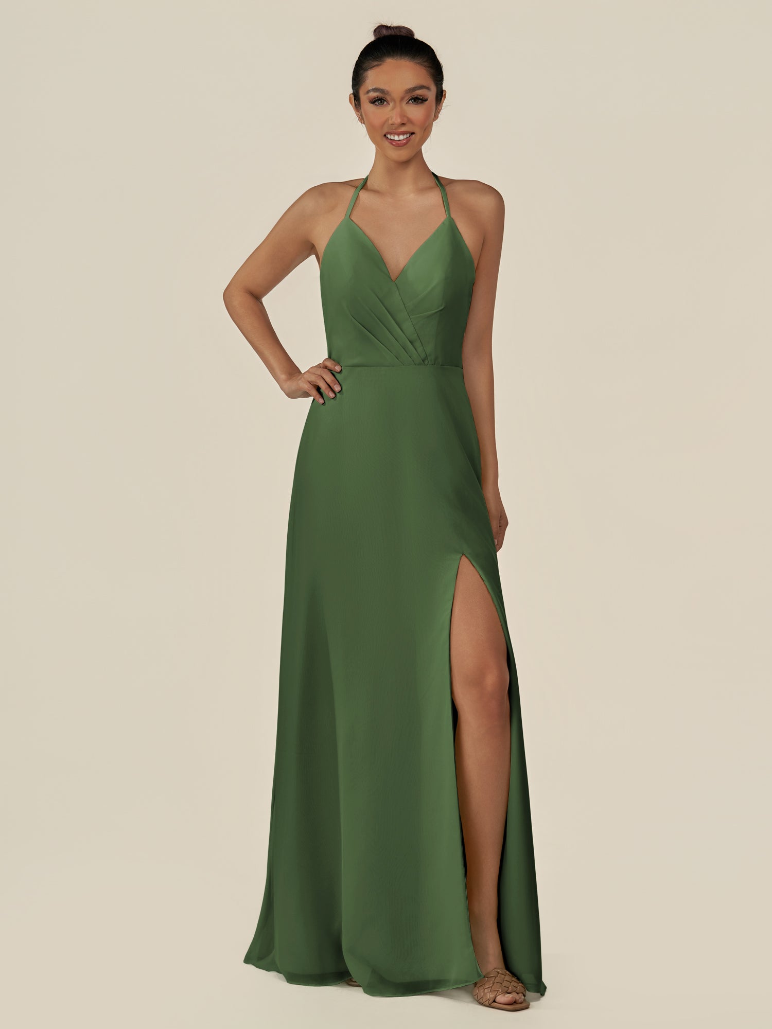 KissDress-Caris Moss A Line Chiffon Halter Neck Pleated Long Bridesmaid Dress with Slit