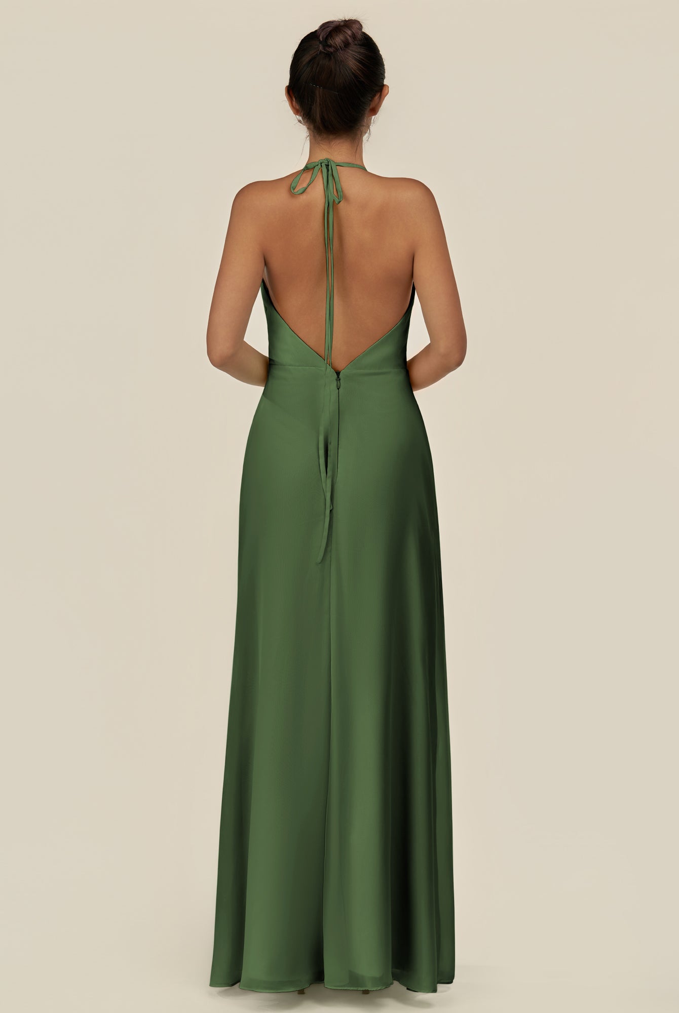 KissDress-Caris Moss A Line Chiffon Halter Neck Pleated Long Bridesmaid Dress with Slit