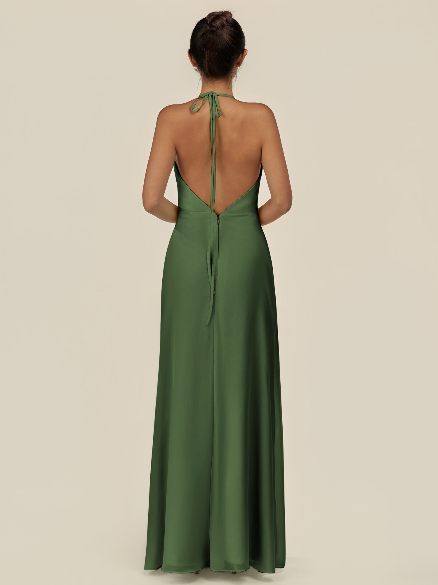 KissDress-Caris Moss A Line Chiffon Halter Neck Pleated Long Bridesmaid Dress with Slit