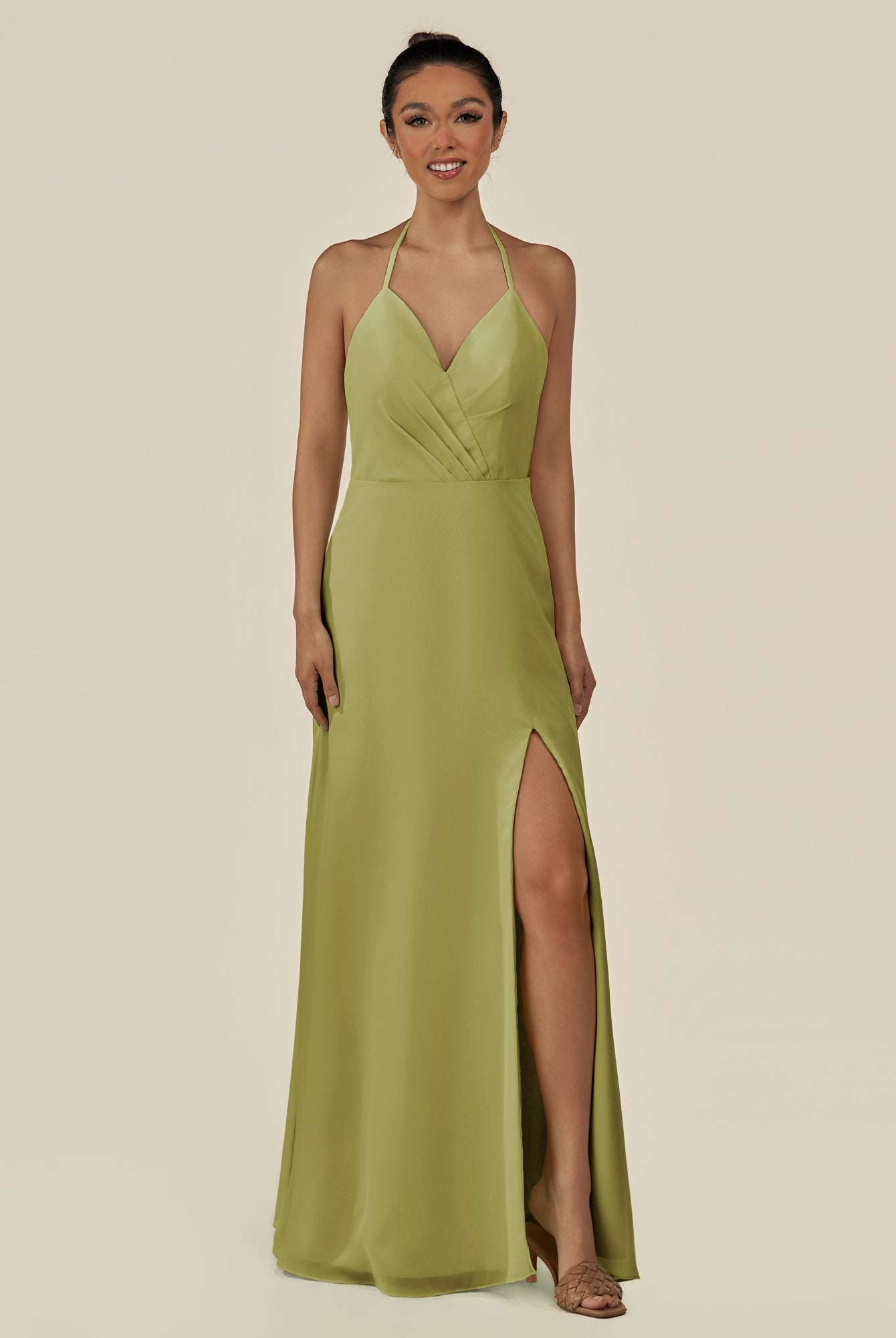 KissDress-Caris Moss Green A Line Chiffon Halter Neck Pleated Long Bridesmaid Dress with Slit