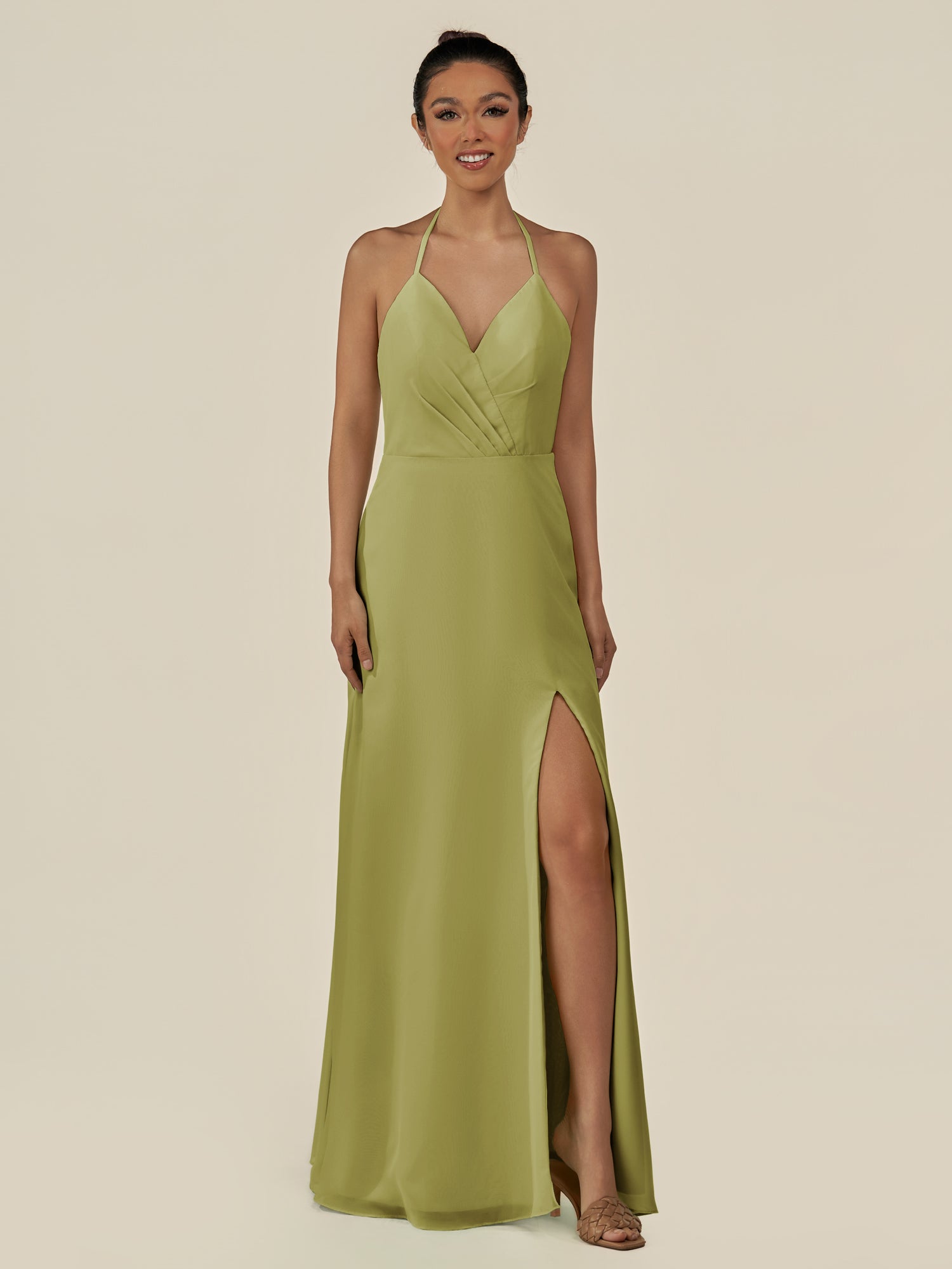 KissDress-Caris Moss Green A Line Chiffon Halter Neck Pleated Long Bridesmaid Dress with Slit