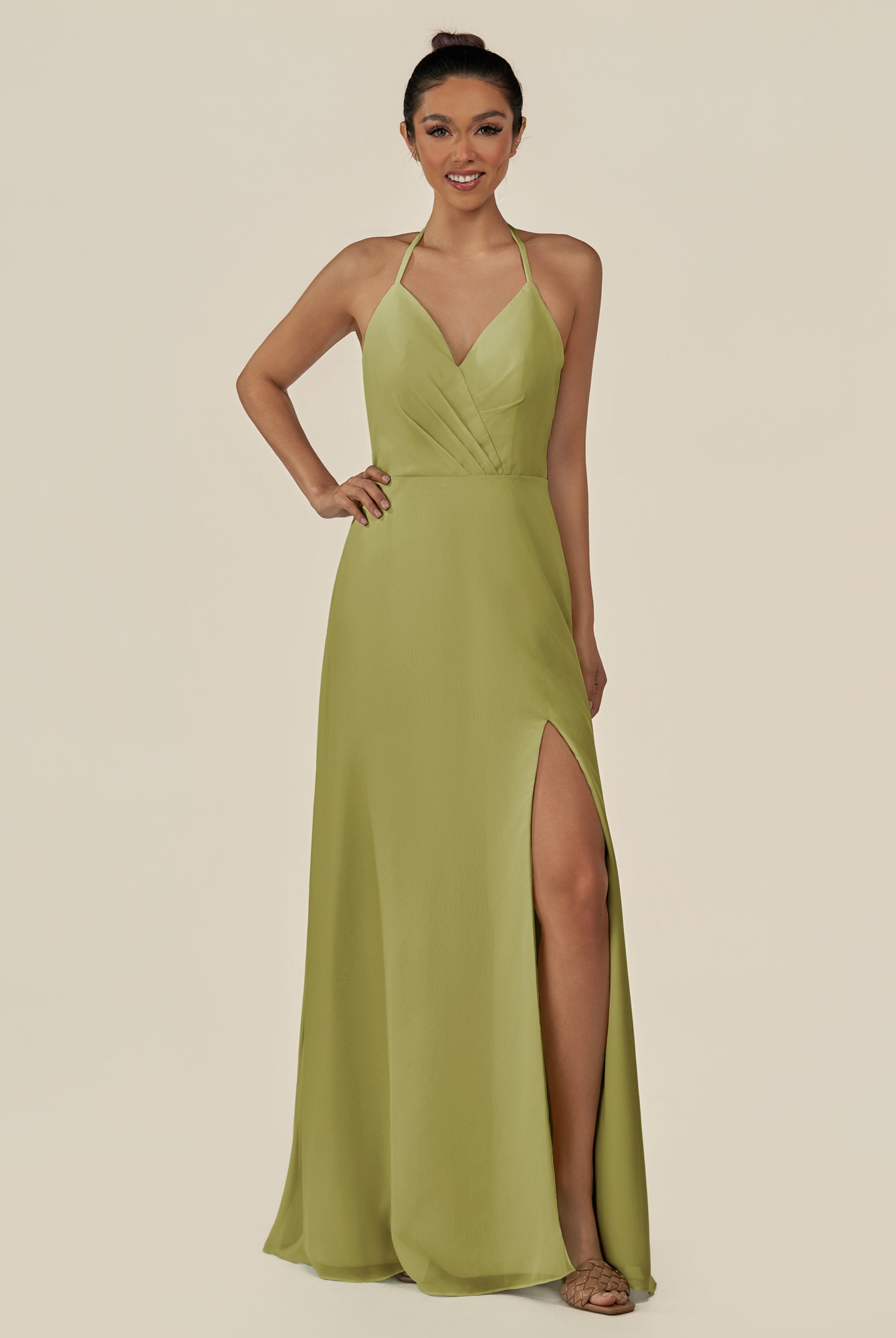 KissDress-Caris Moss Green A Line Chiffon Halter Neck Pleated Long Bridesmaid Dress with Slit