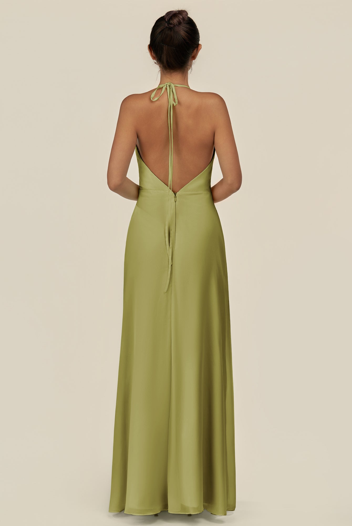 KissDress-Caris Moss Green A Line Chiffon Halter Neck Pleated Long Bridesmaid Dress with Slit